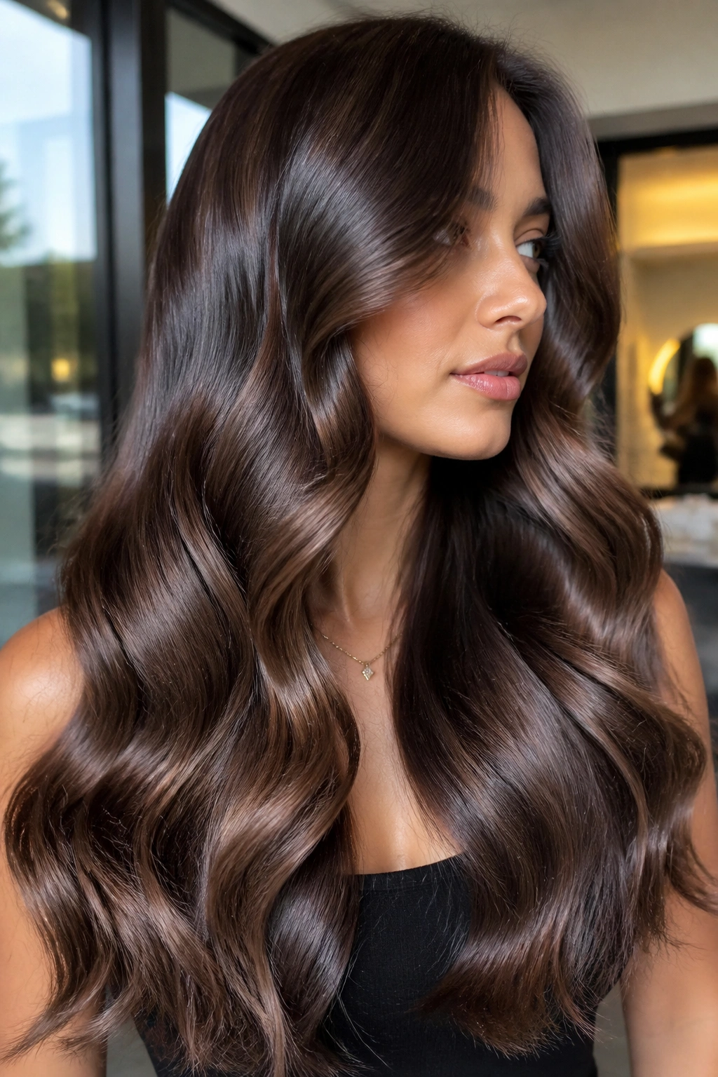 Close-up of a real woman with long, glossy mermaid waves and a smooth, shiny finish.