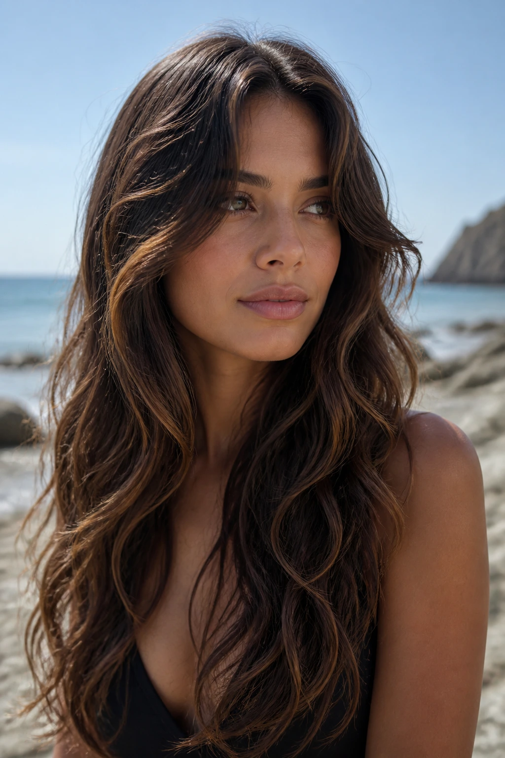 Portrait of a real woman with mermaid waves and internal layers cascading down.
