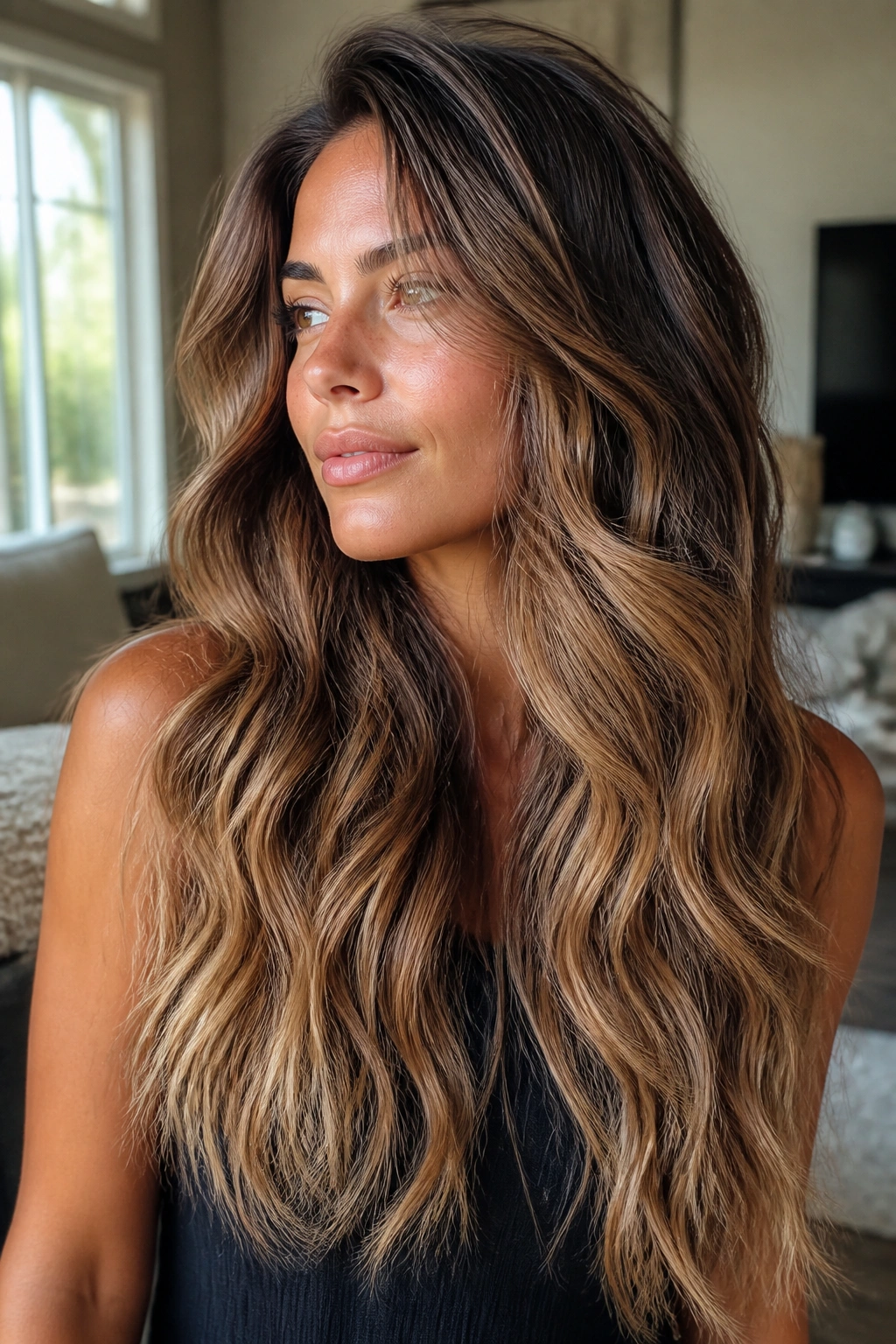 Real woman with long layered hair in mermaid waves showing movement