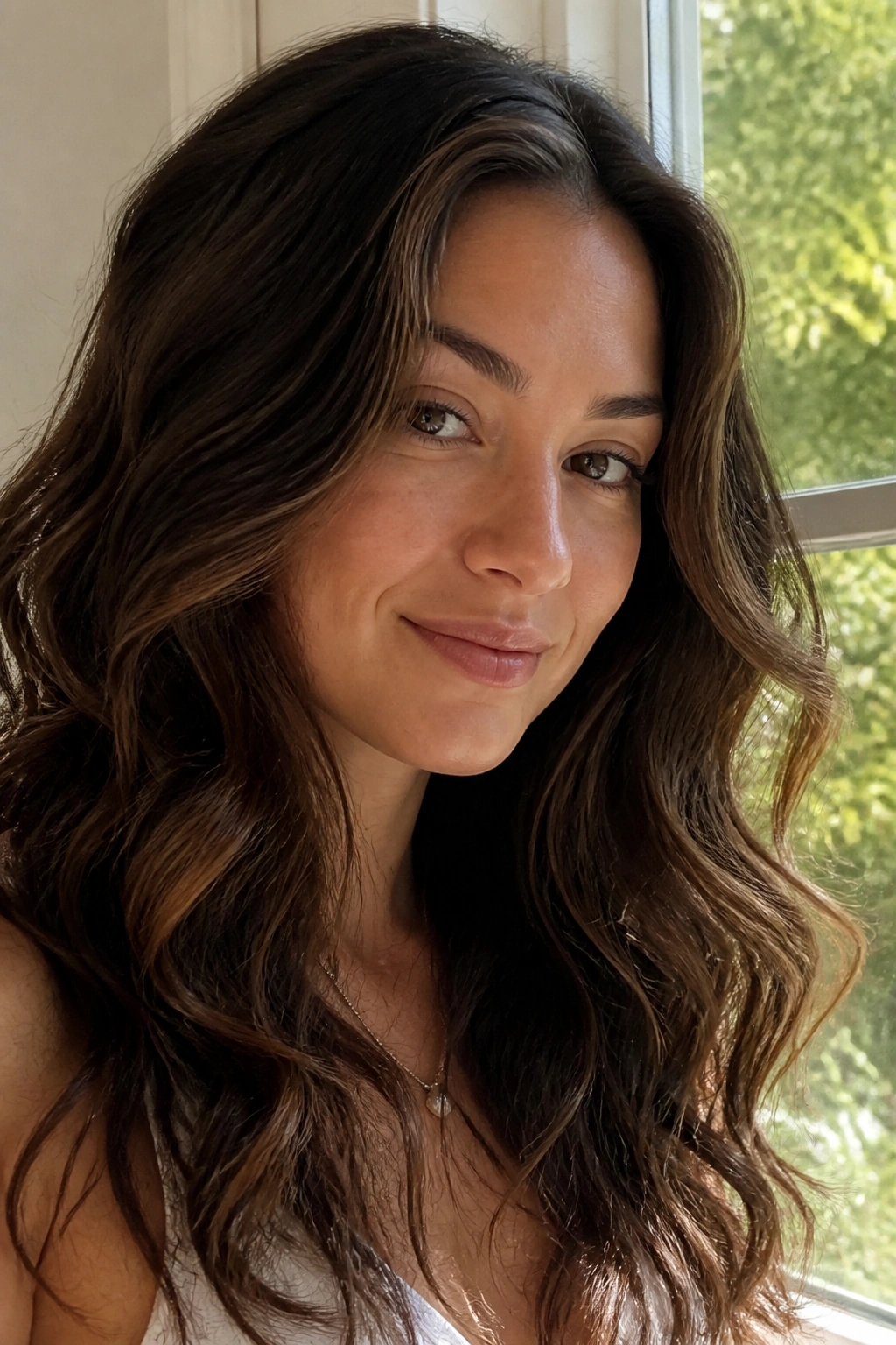 Close-up of real person with soft mermaid waves by a window