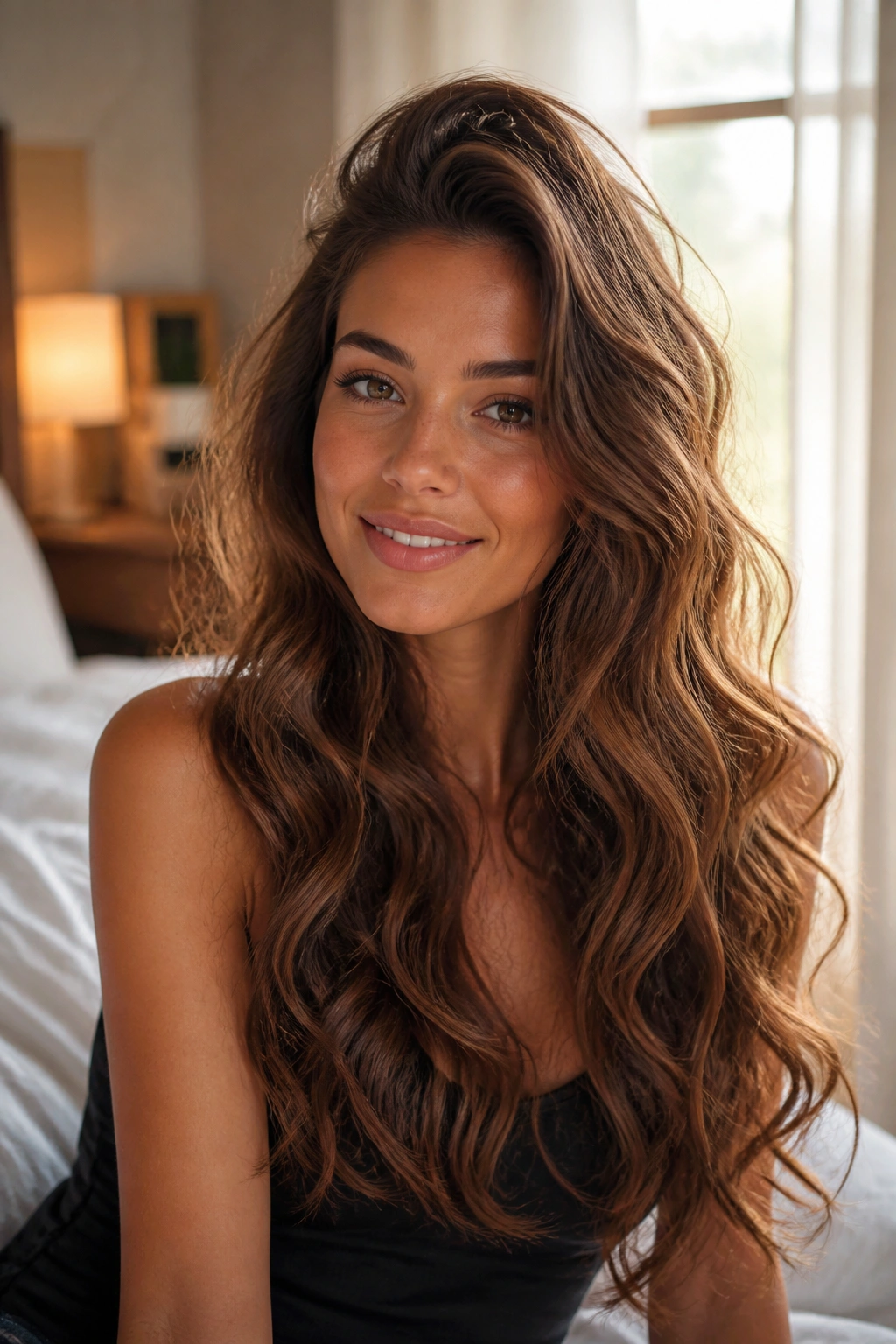 Close-up of a real woman with mermaid waves and root lift in natural window light
