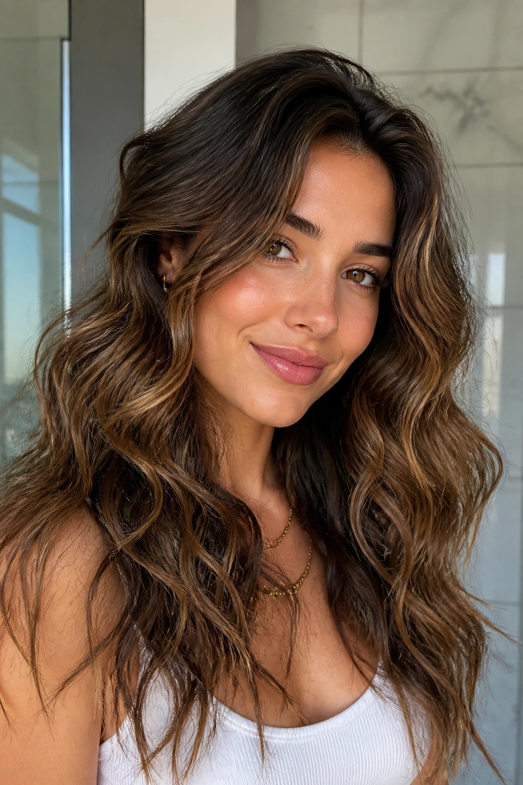 Close-up portrait of a real woman with mermaid waves and root lift