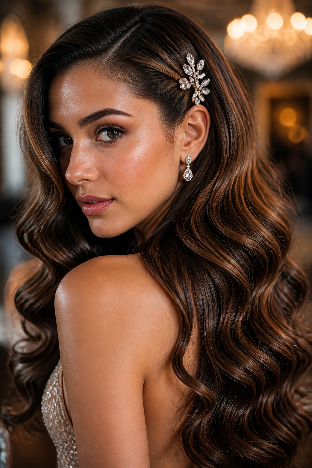 Close-up of a real woman with mermaid waves and side clips.