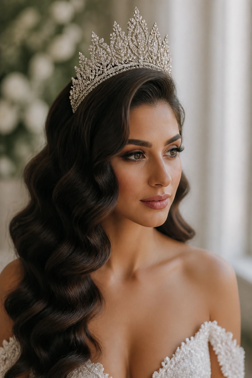 Close-up of a bride's mermaid waves with a tall tiara