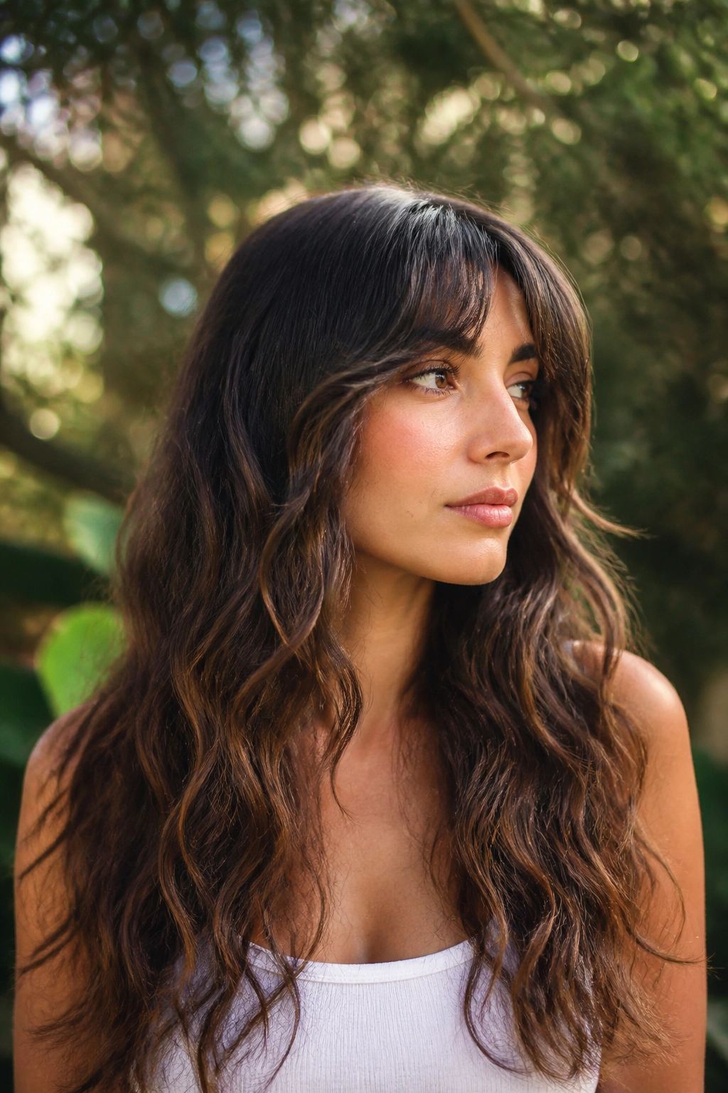 Portrait of a woman with mermaid waves and tapered bangs.