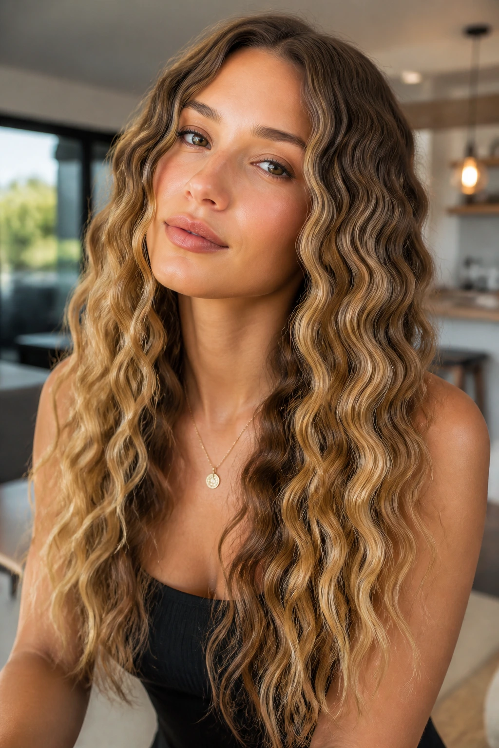Long hair with mermaid waves created by a three-barrel iron
