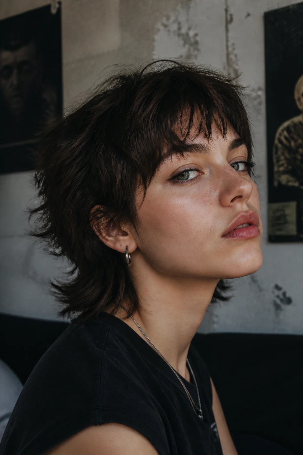 Close-up of real person with messy 90s wolf crop and textured ends