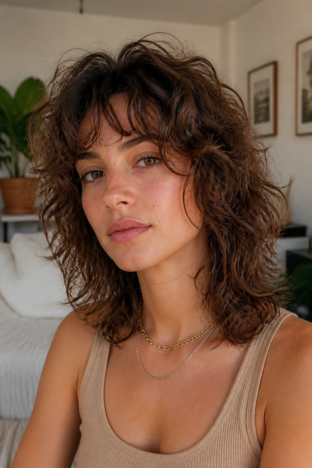 Real person with messy air-dry curly wolf cut in bright living room light