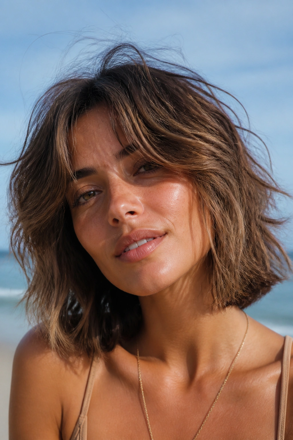 Real woman with messy beach bob and long curtain bangs at the beach, wind-swept hair
