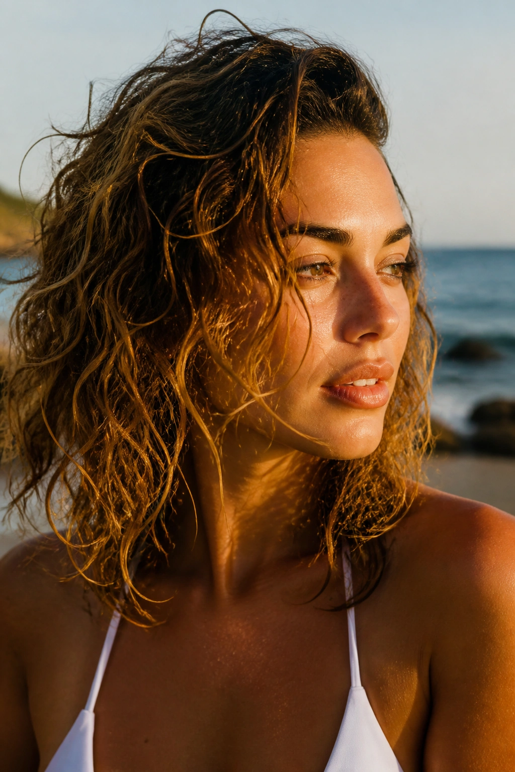 Close-up of a real woman with messy beach curls on shoulder-length hair outdoors
