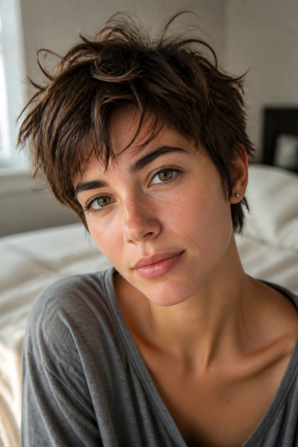 Close-up of real person with messy bedhead pixie hairstyle in bedroom morning light