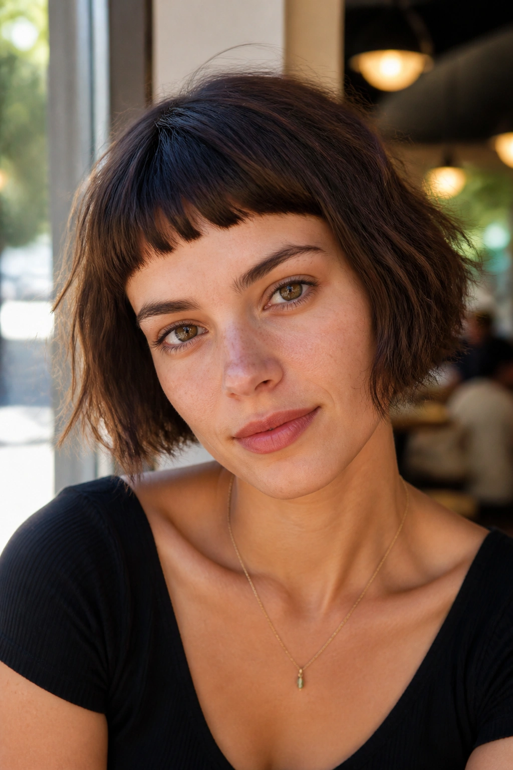 Close-up portrait of a woman with a messy bob and baby bangs in a sunlit cafe