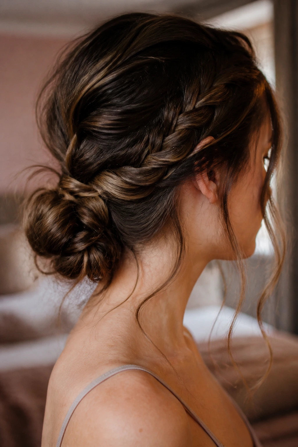 Close-up of a woman with a loose braided bun and soft face-framing strands