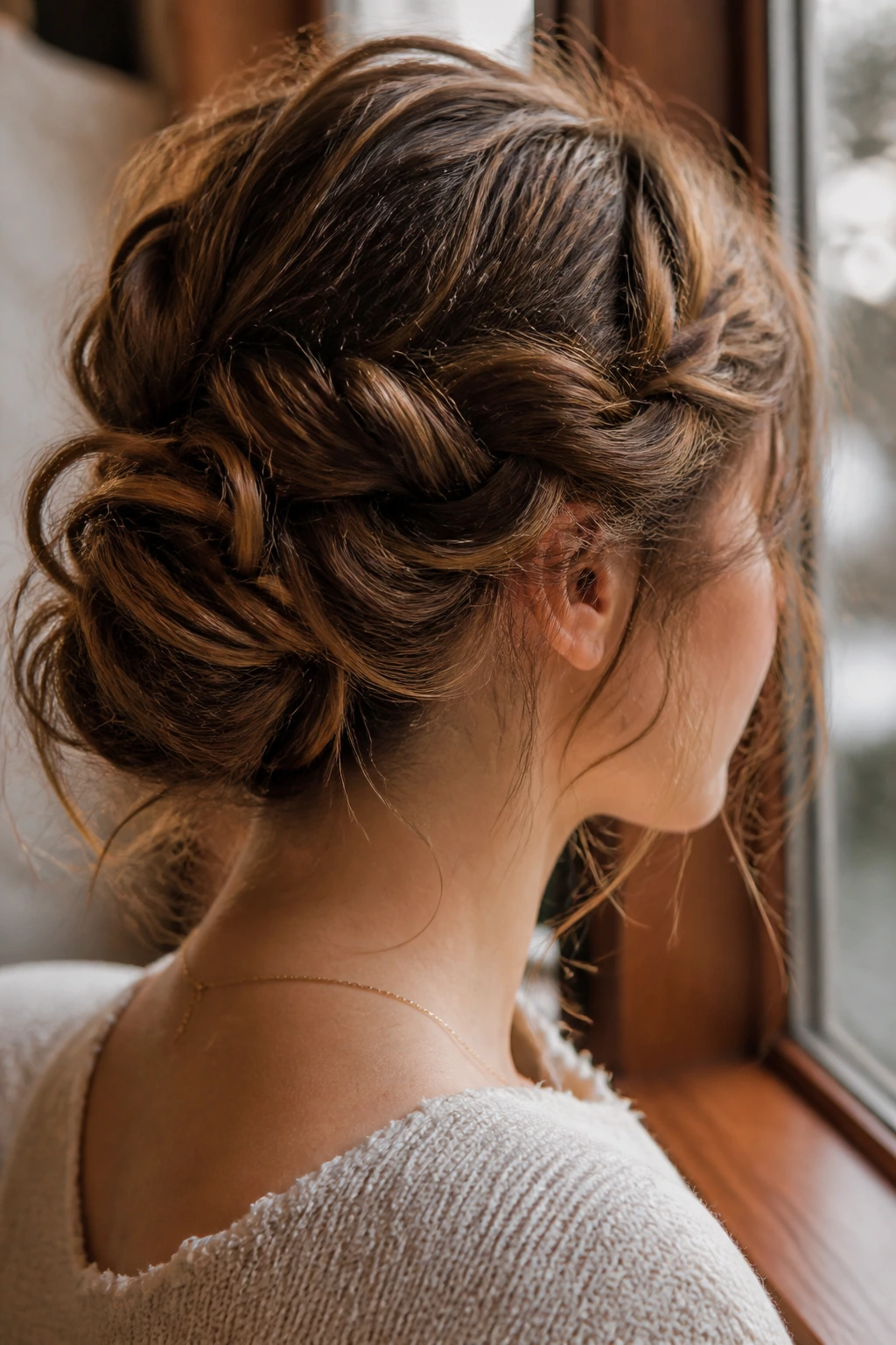 Close-up of a real woman wearing a messy braided chignon