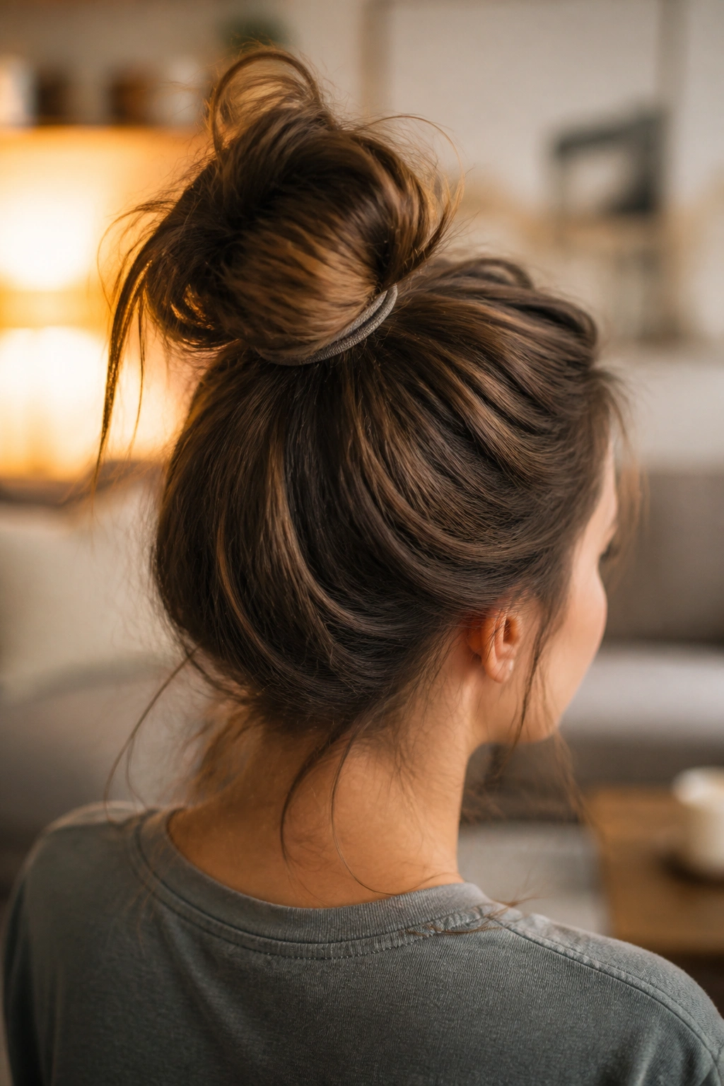 Back view of a real woman wearing a messy bun with a spare elastic at the base.