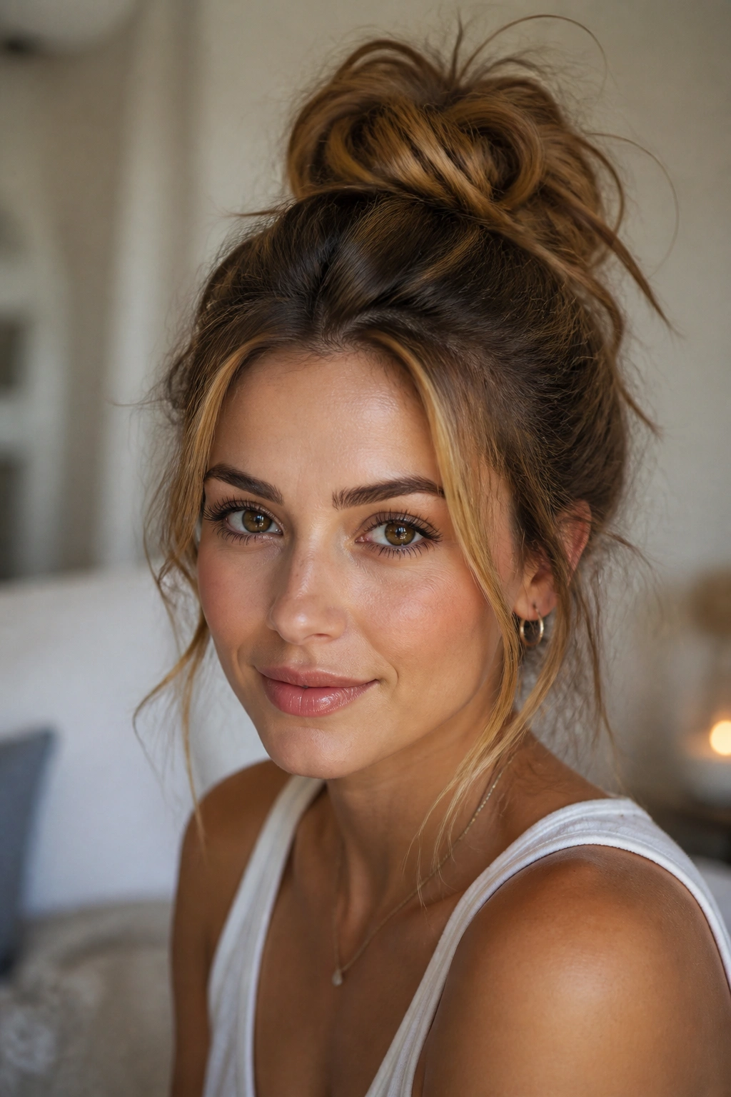 Close-up of a real woman with a messy high bun and face-framing pieces