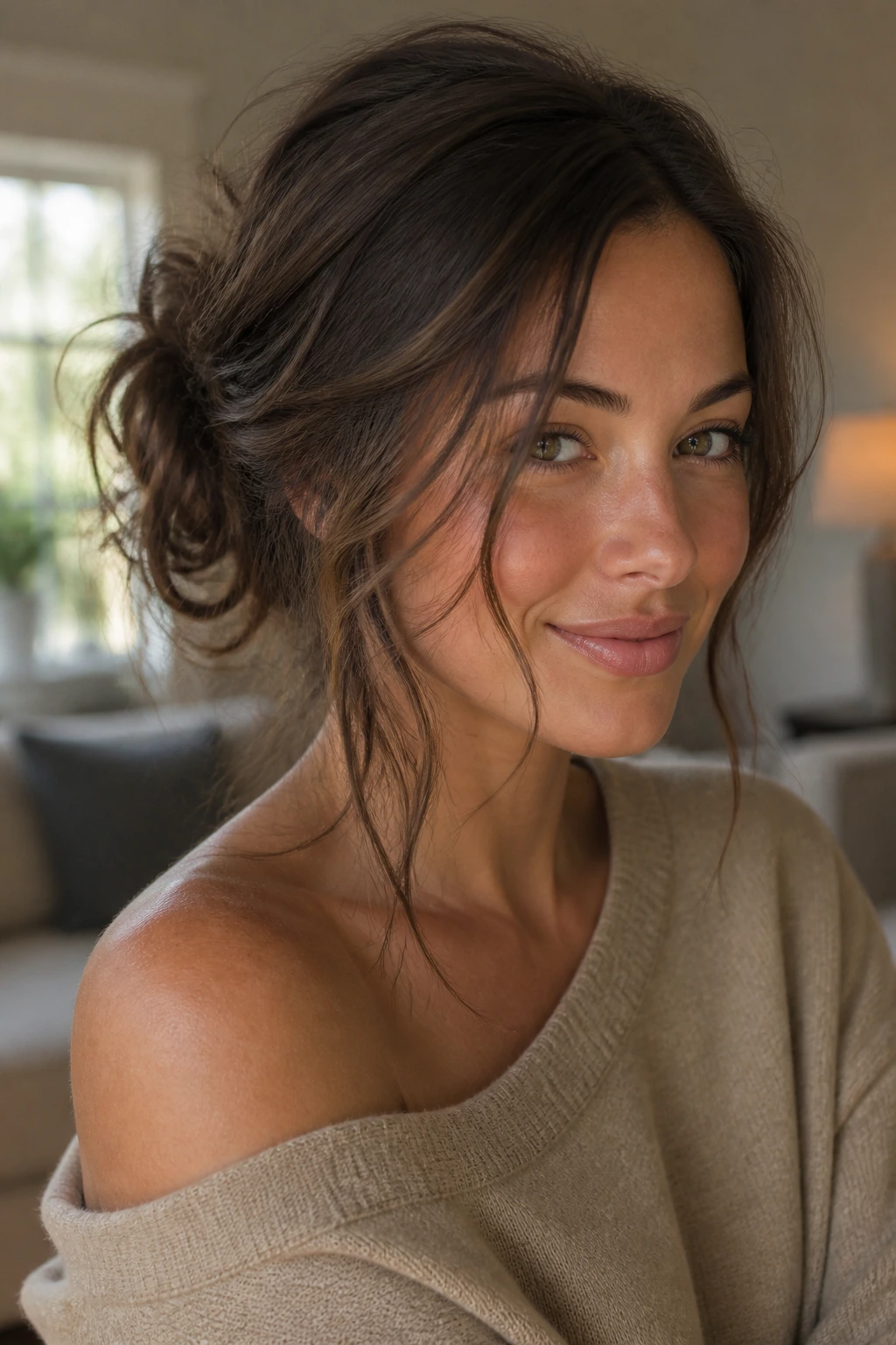 Close-up of a real woman with a side-swept messy bun and face-framing pieces