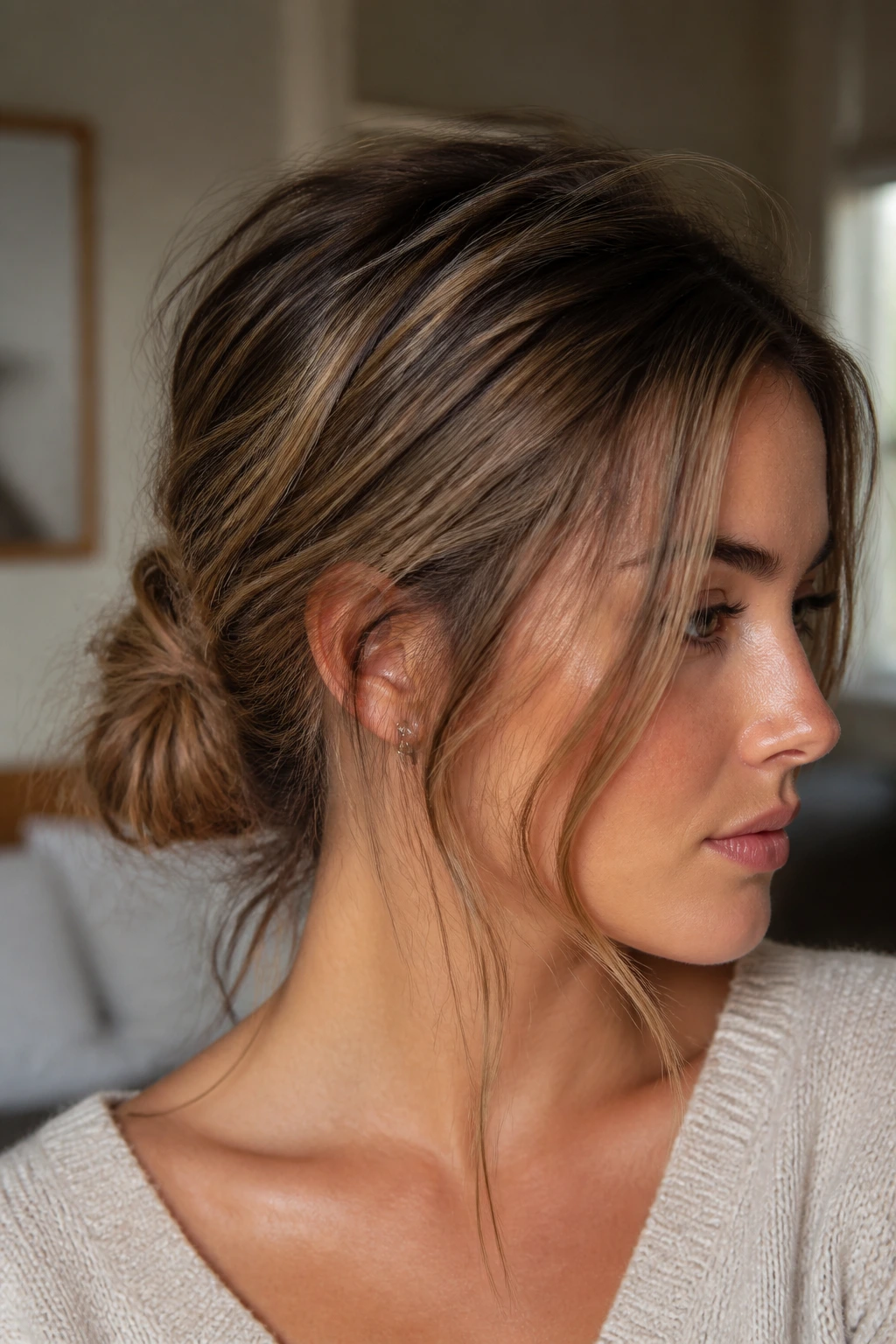 Close-up of a real woman with a messy low bun and face-framing pieces in warm window light