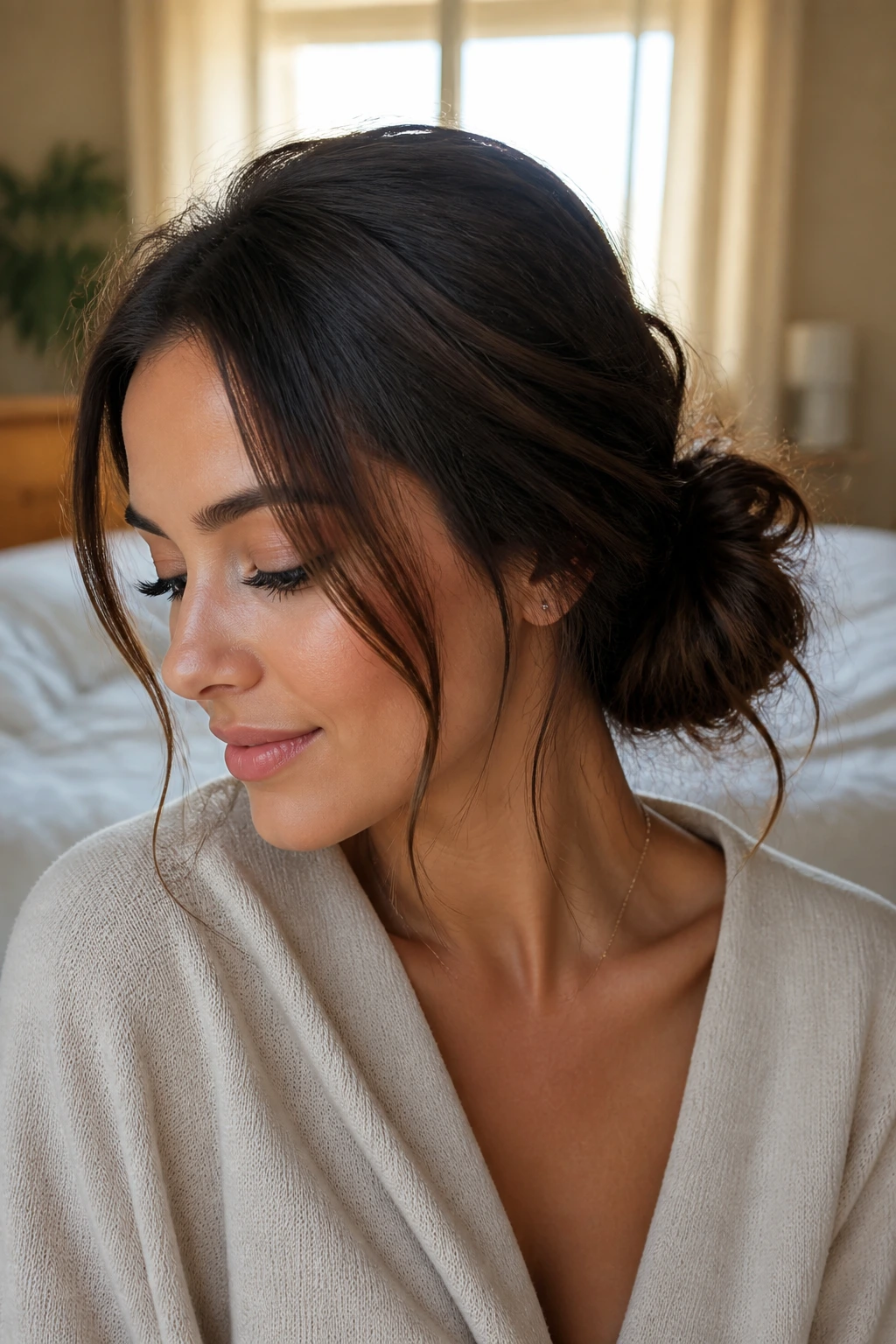 Close-up of a real woman with a messy low bun and face-framing pieces in warm window light