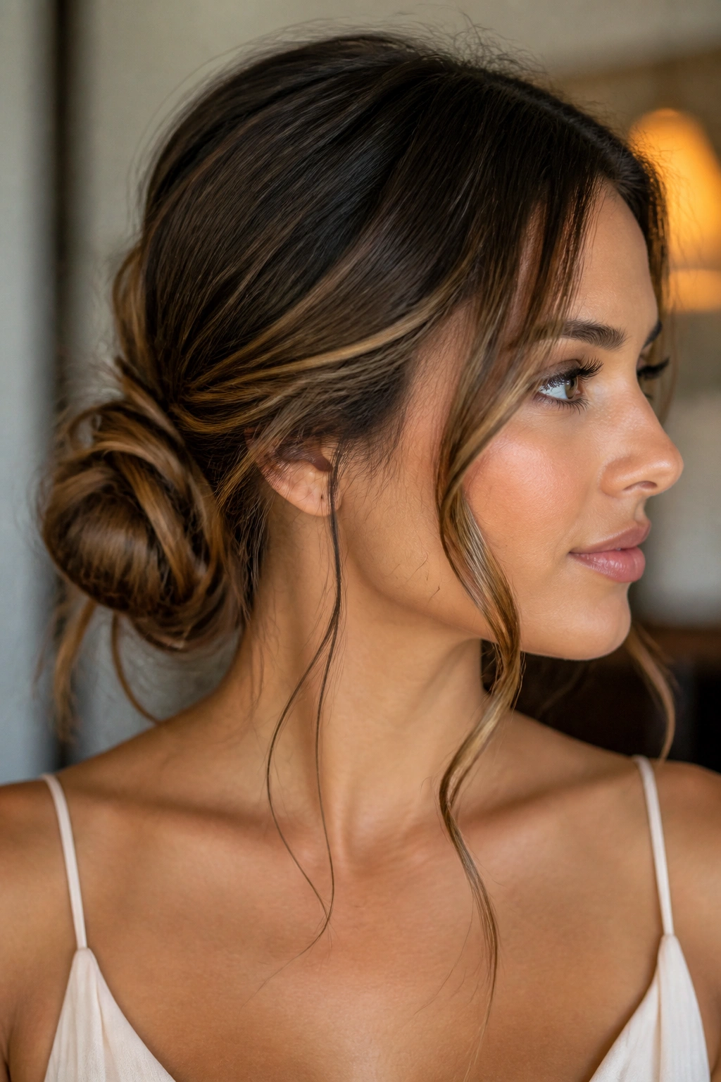 Close-up of a real woman wearing a messy side bun with face-framing pieces in warm indoor light.