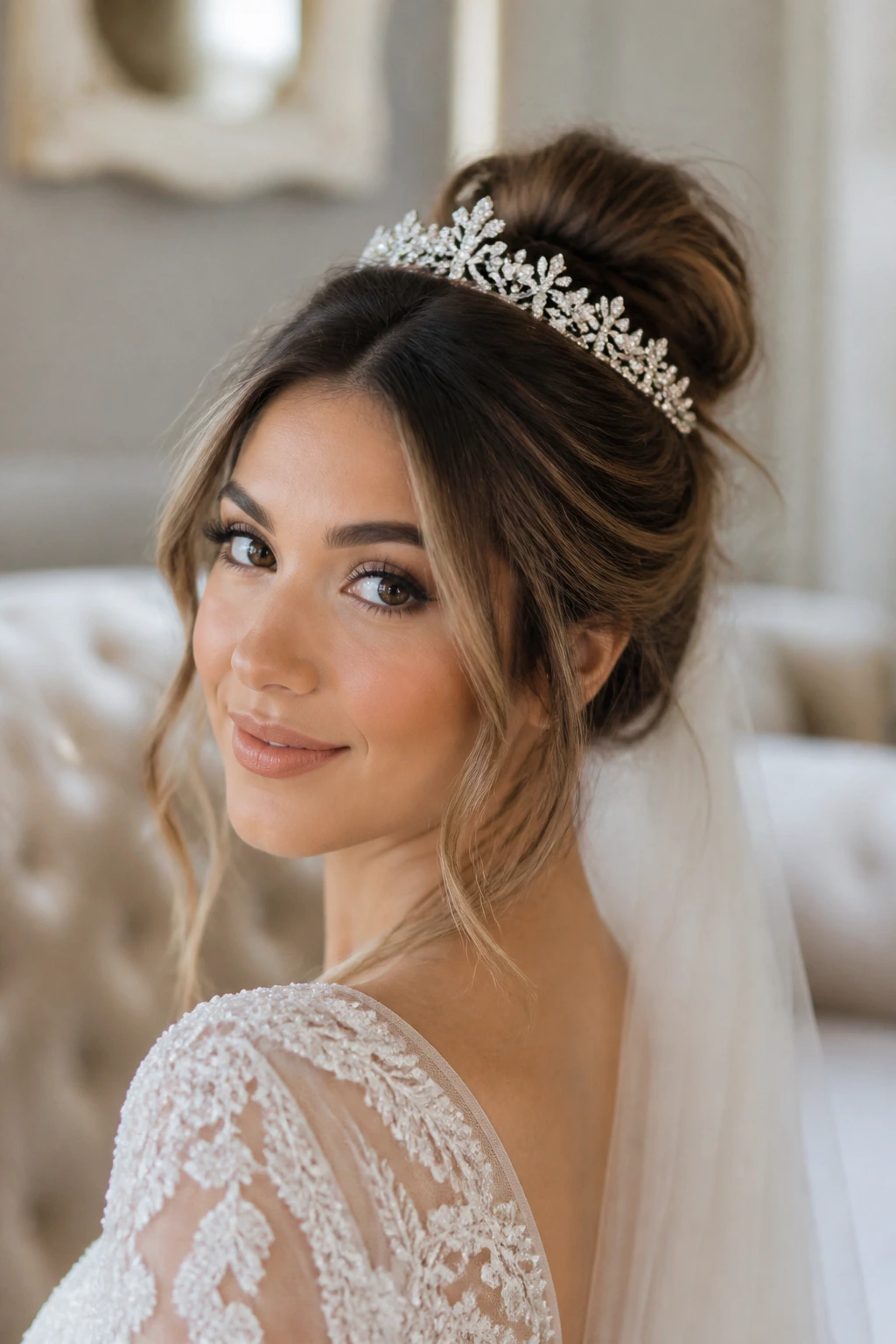 Bride with messy bun, face-framing pieces, and tiara