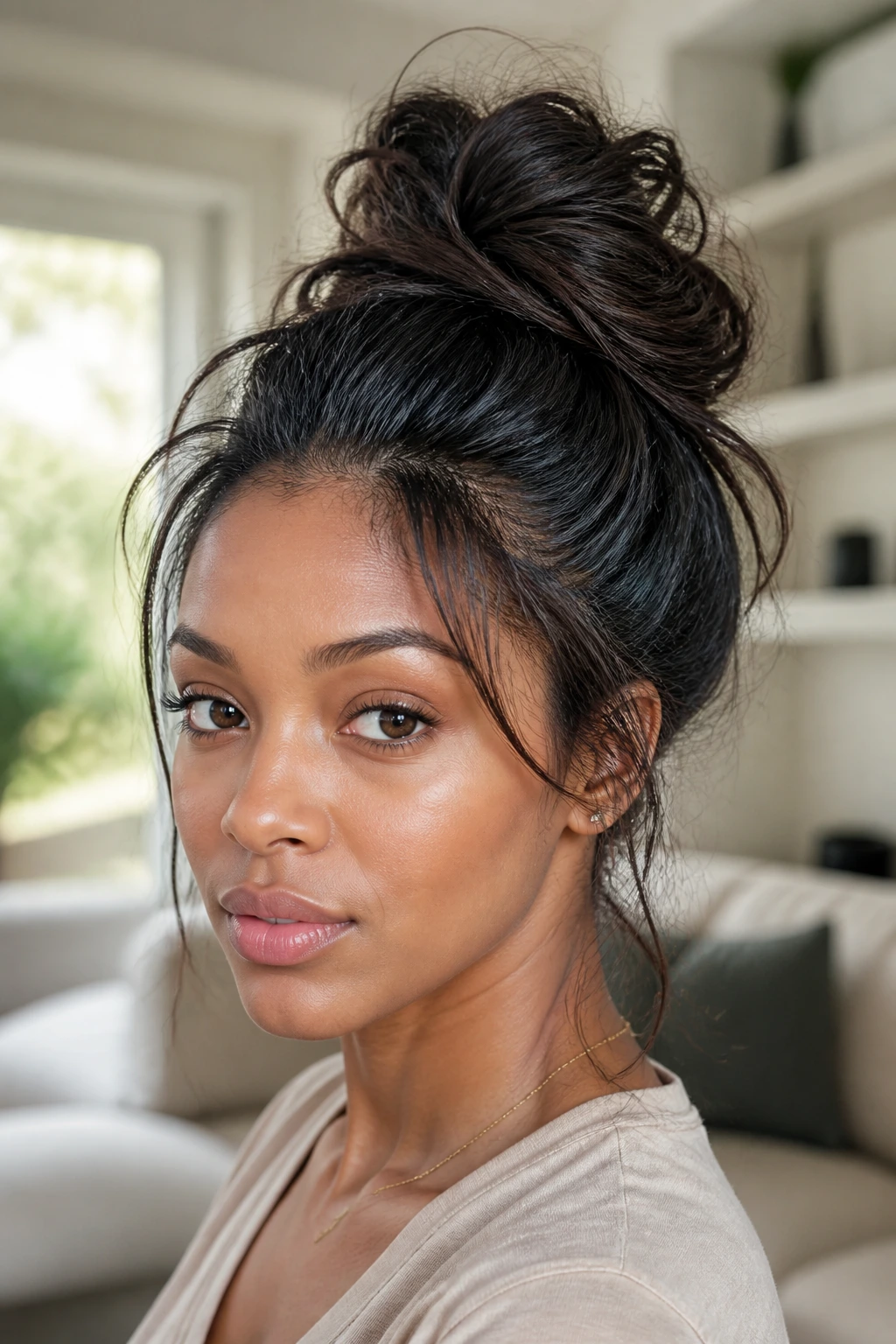 Close-up of a real woman with a messy high bun and loose strands