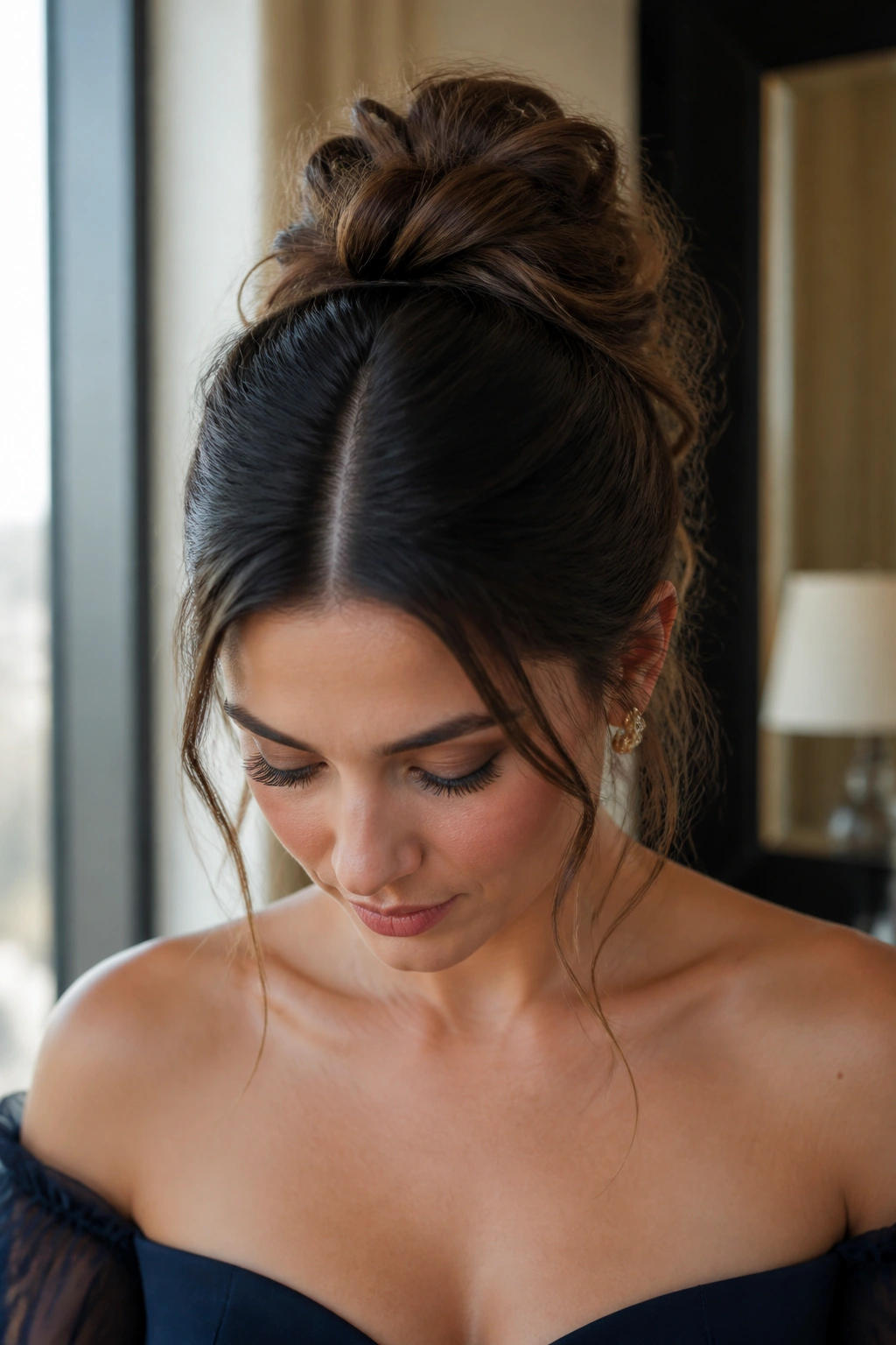 Real woman with a clean middle part and a loose textured bun, portrait shot