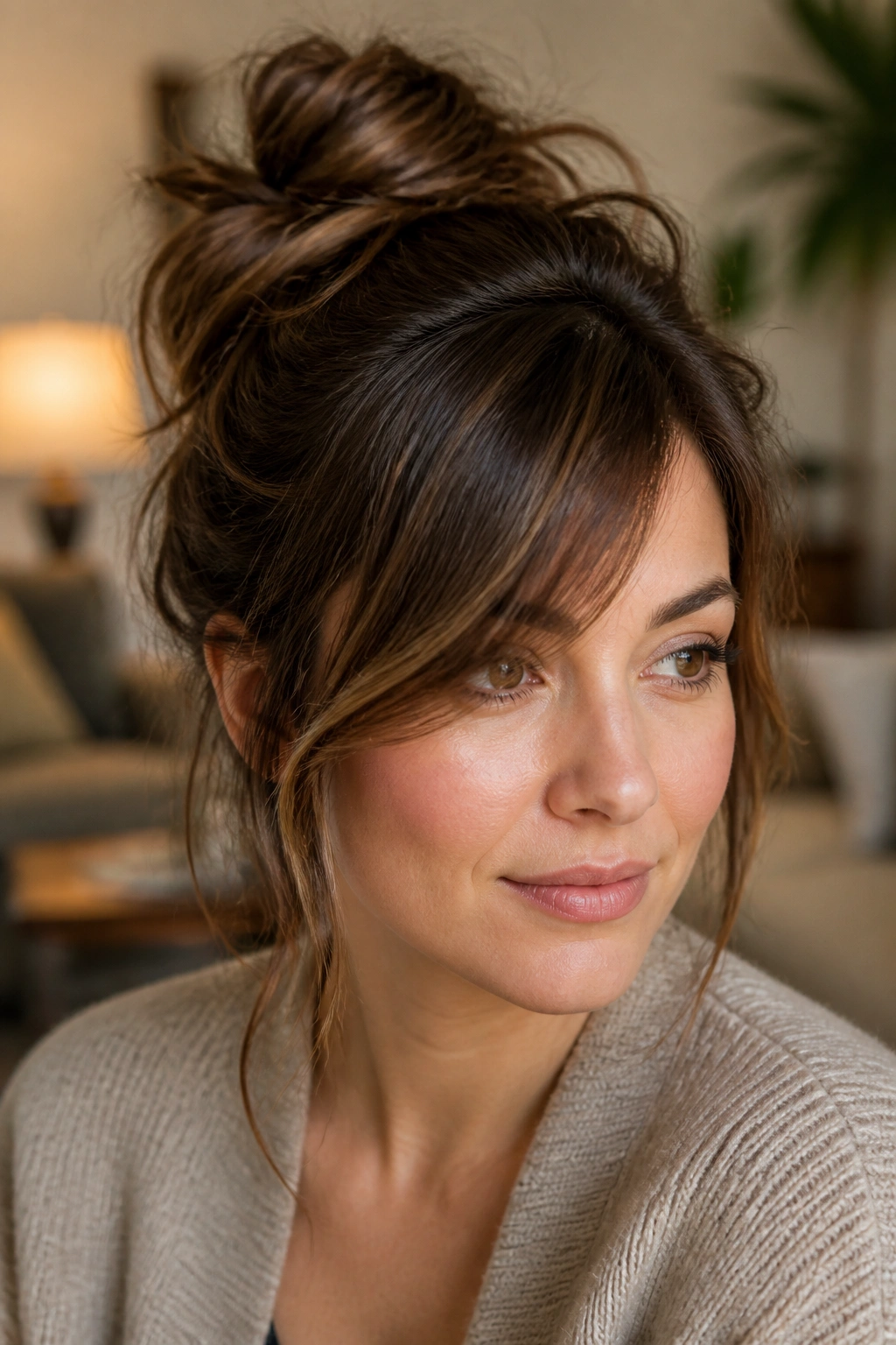 Close-up of a woman with a messy bun and side fringe framing her face