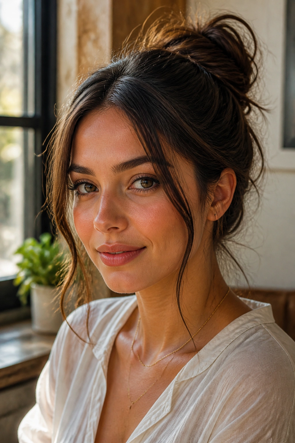 Real woman with center-part tendrils framing face in a messy bun, sunlit cafe setting