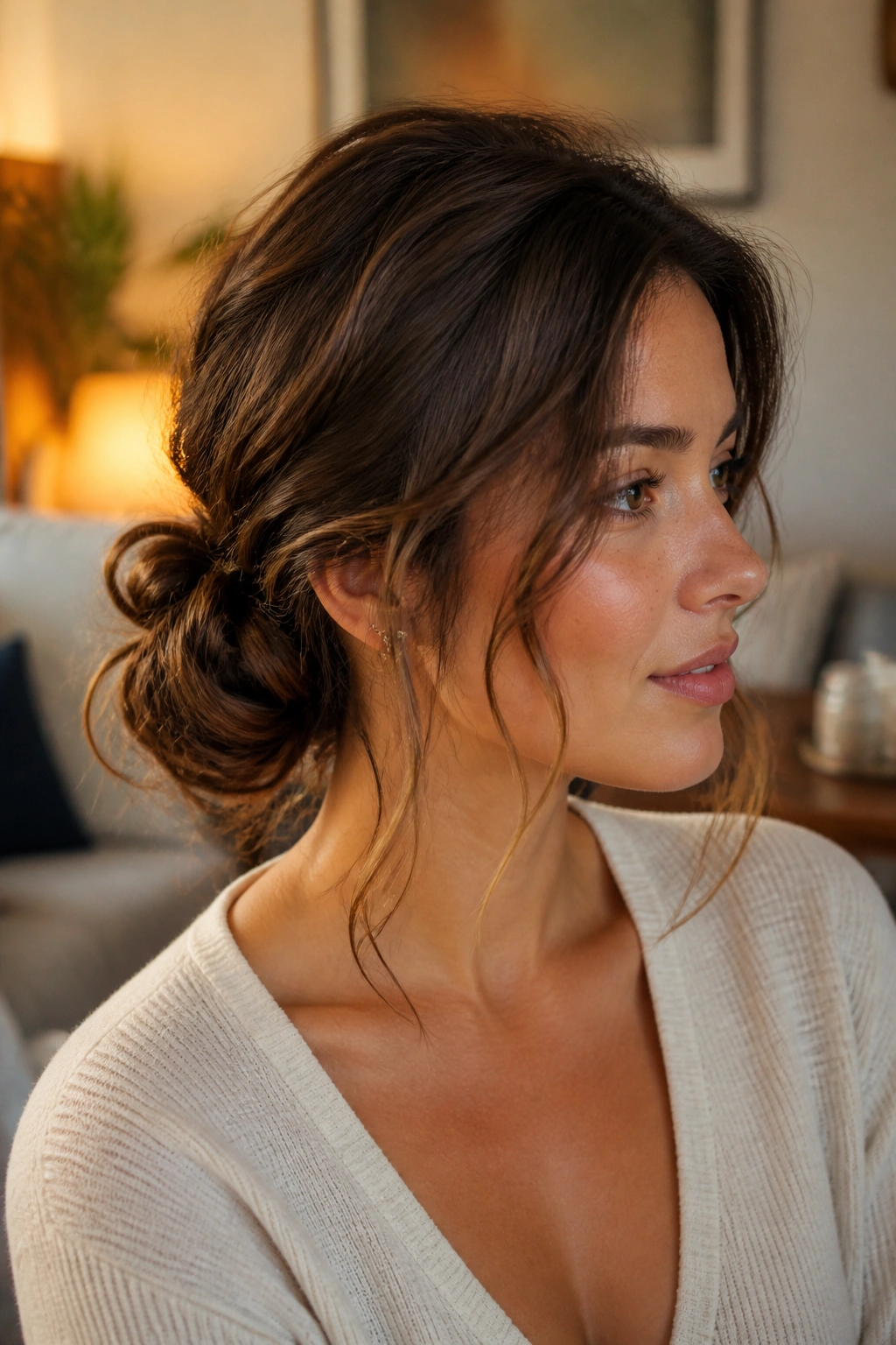 Three-quarter profile of a woman with a messy low bun and tendrils.