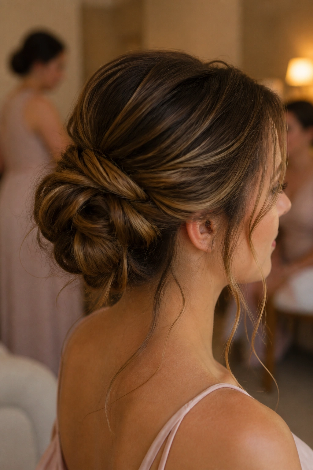 Close-up of real bridesmaid with messy bun and wrapped sections