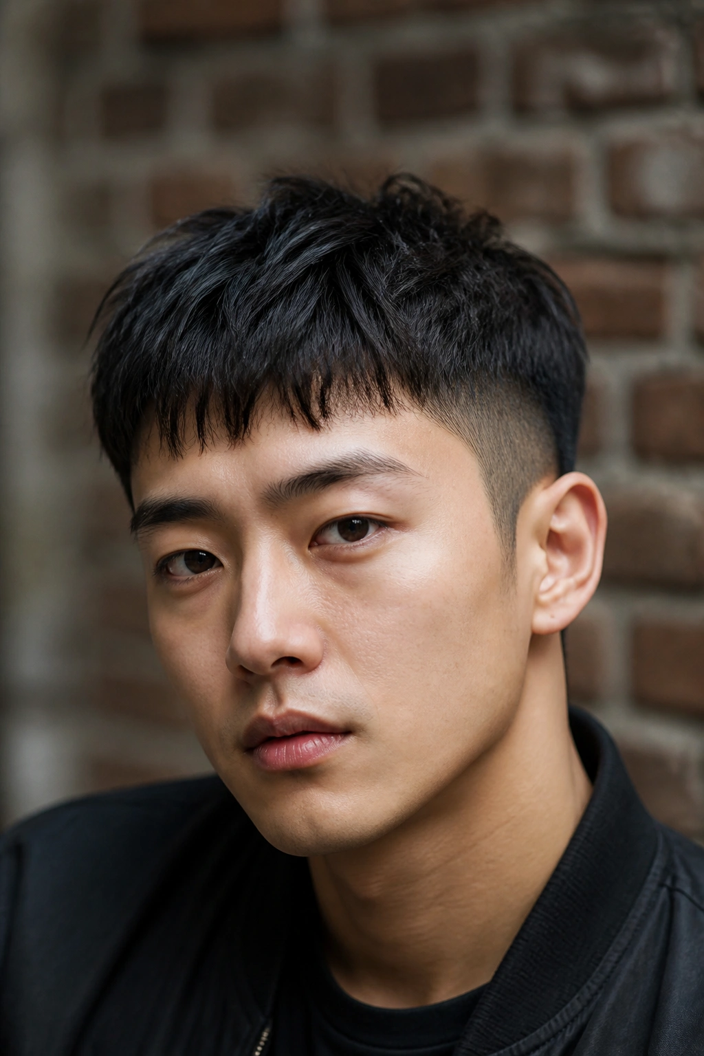 Man with messy Caesar haircut and thin fringe in an urban backdrop