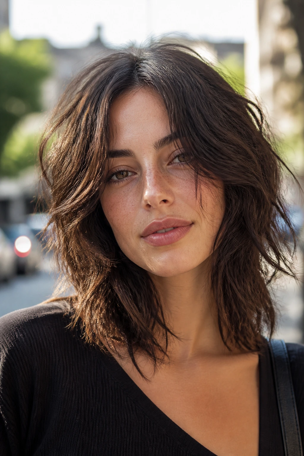 Close up of a real woman with a messy center part shag and uneven layers