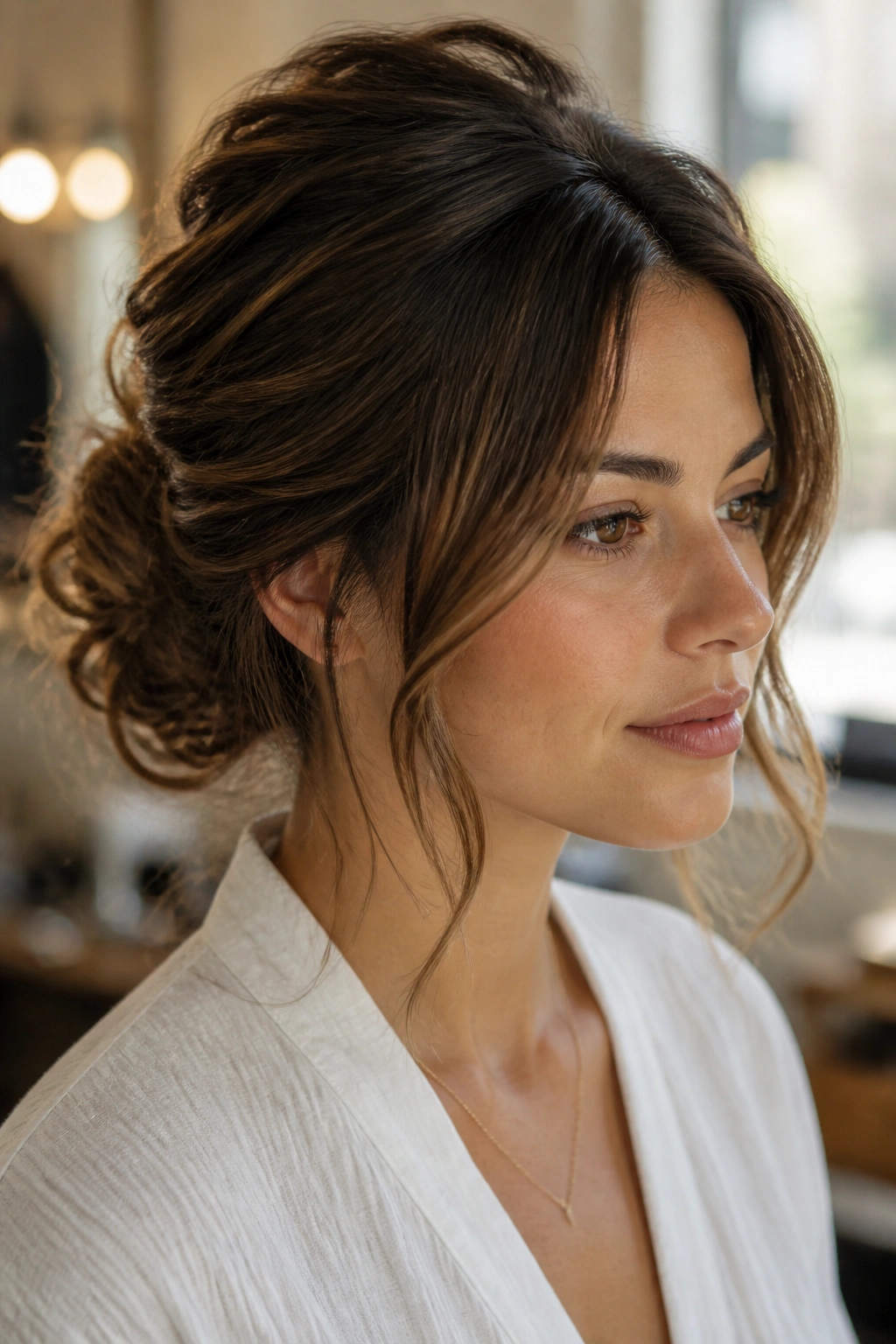 Close-up of a real woman with a messy chignon and face-framing pieces.