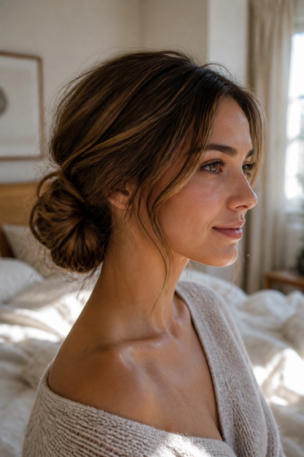 Close-up of a real woman with a Messy Chignon at the nape.
