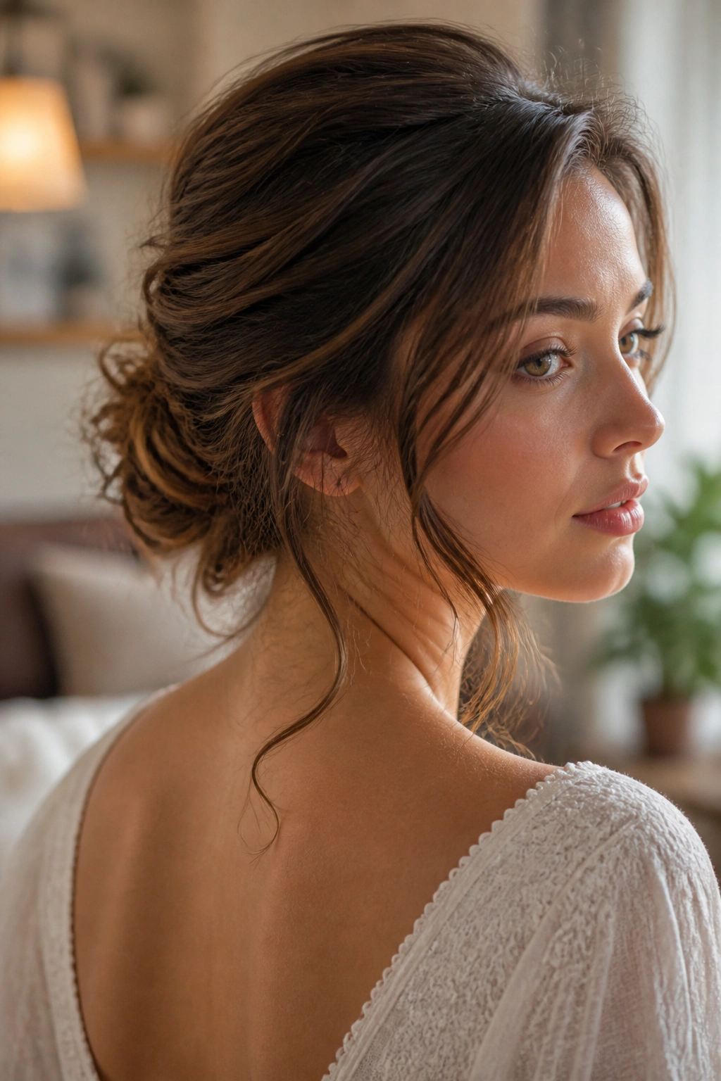 Portrait of a woman with a low chignon and soft tendrils framing her face
