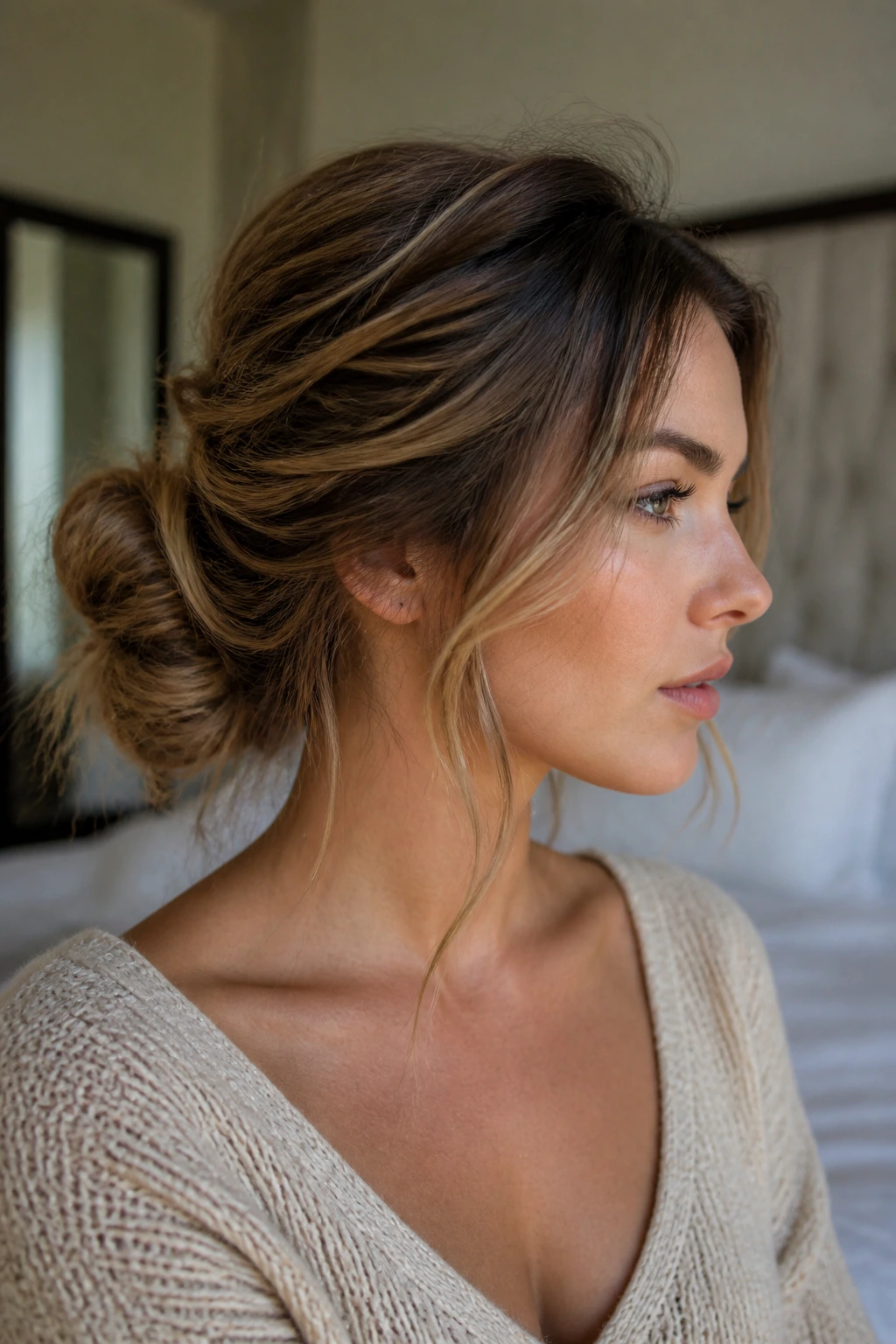 Close-up of a real woman with a textured messy chignon and loose front pieces in a bedroom setting
