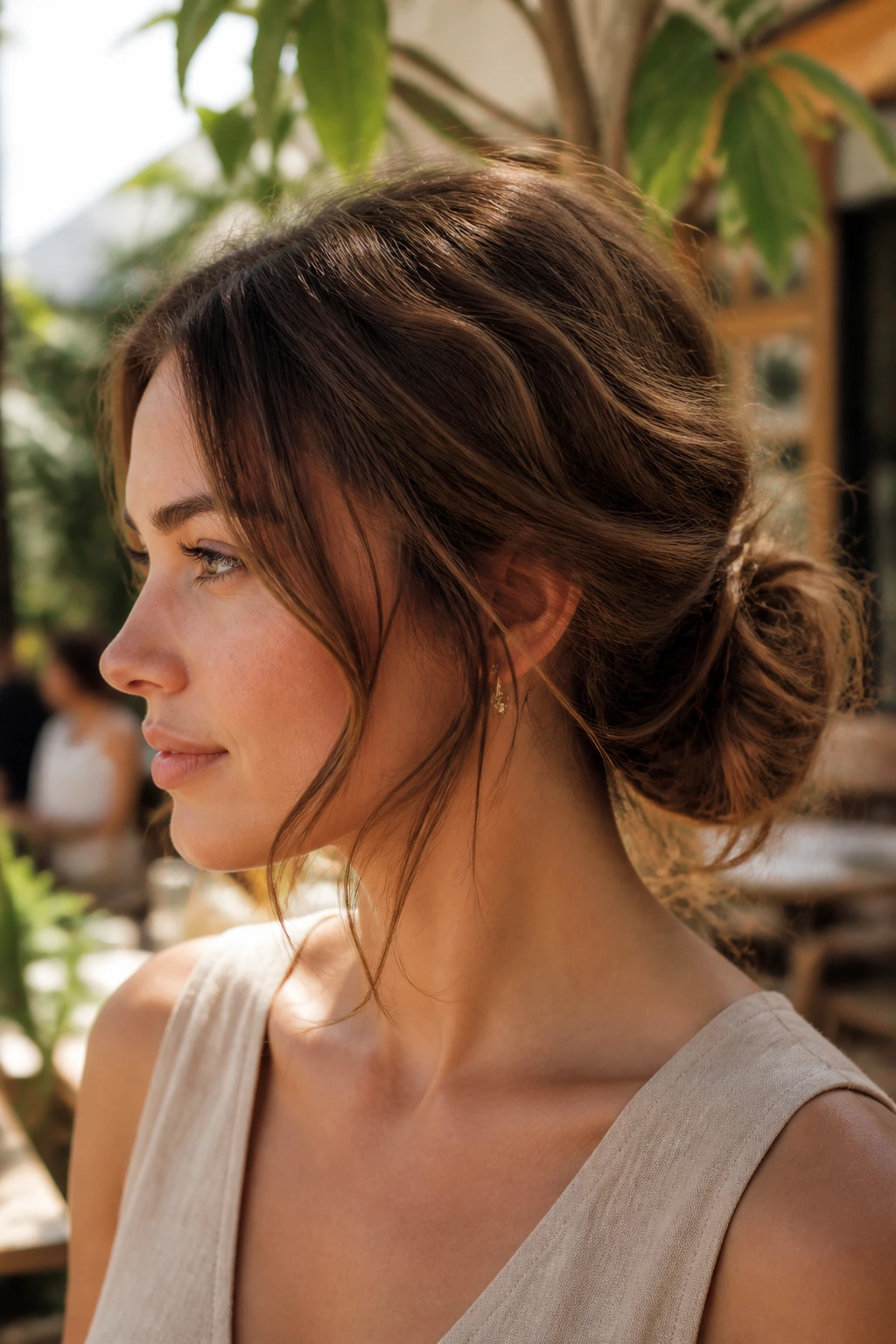 Close-up of a real woman with a messy chignon in warm light