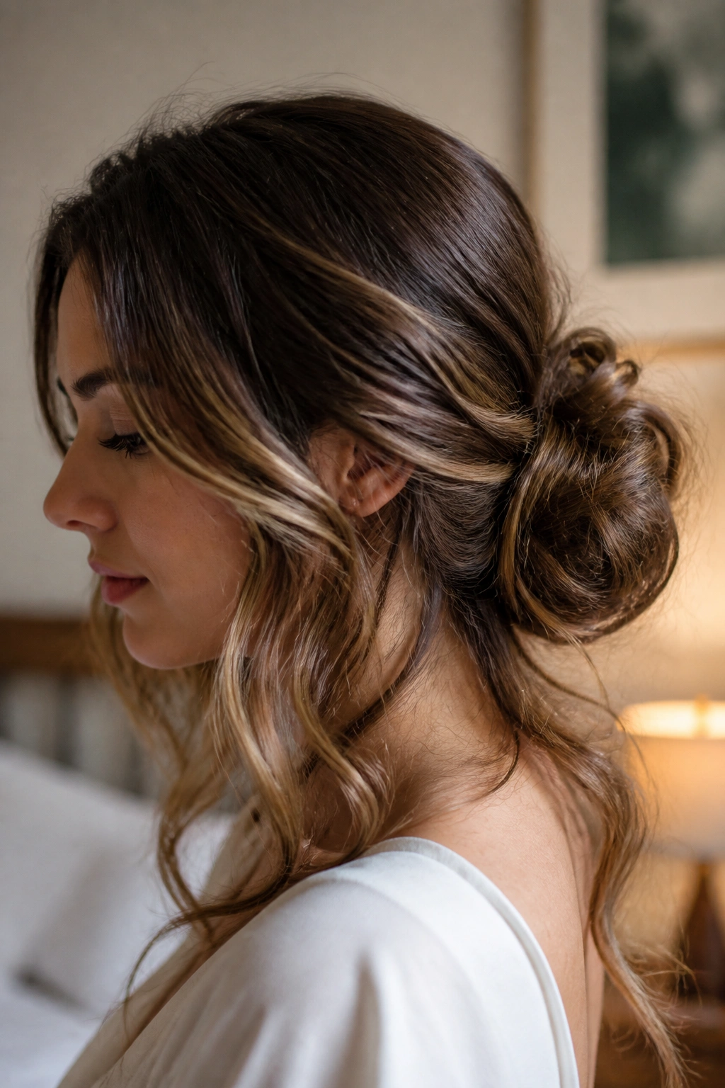 Portrait of a woman with a messy chignon and visible long waves.