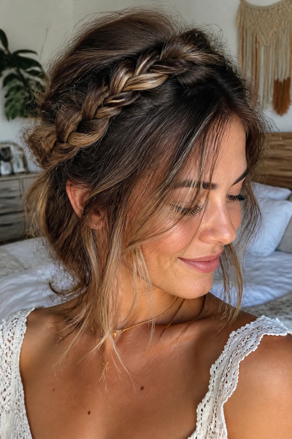 Close-up of a real woman with layered hair wearing a messy crown braid