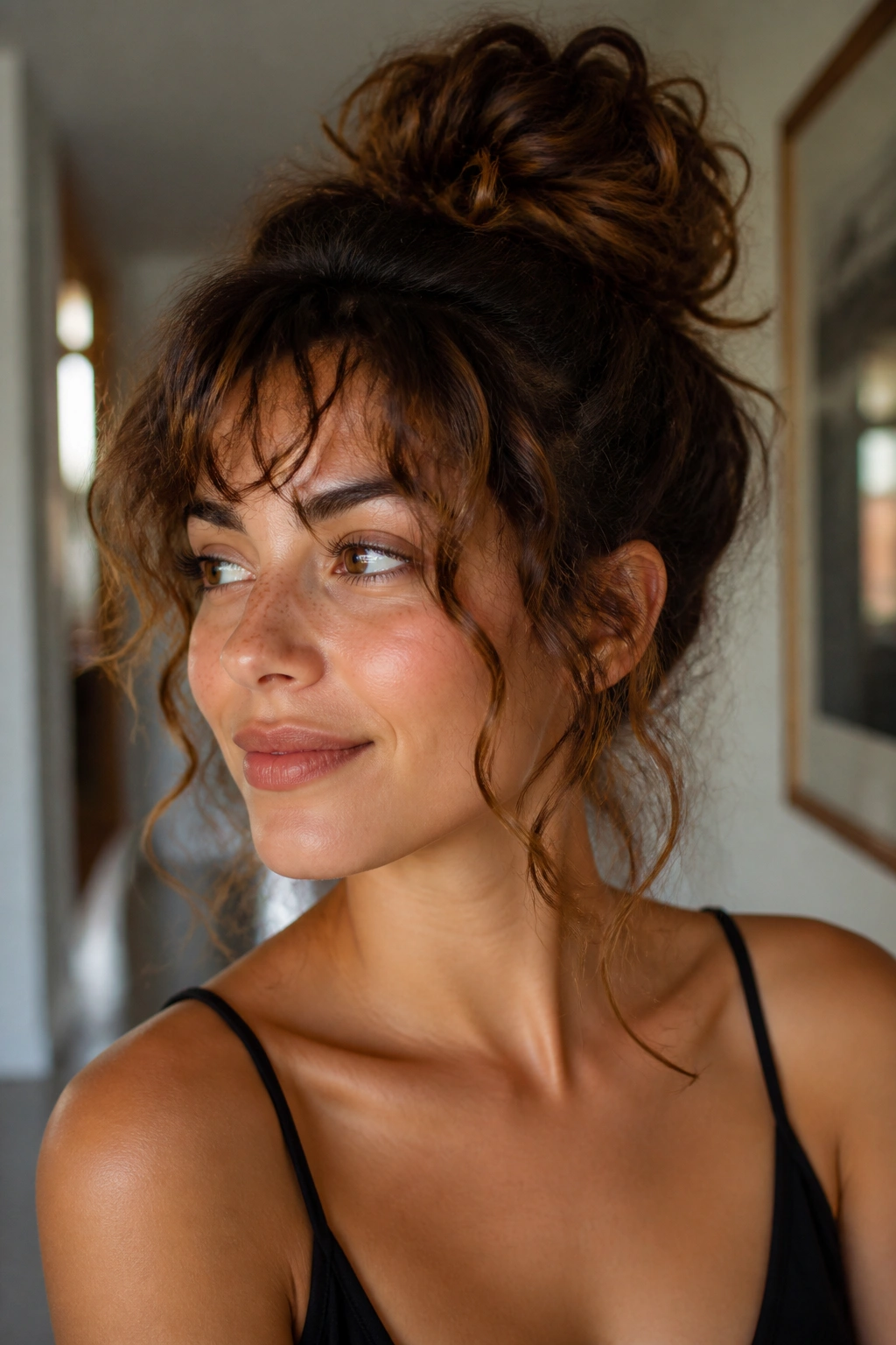 Close-up of a real woman with a messy curly bun and face-framing bangs.