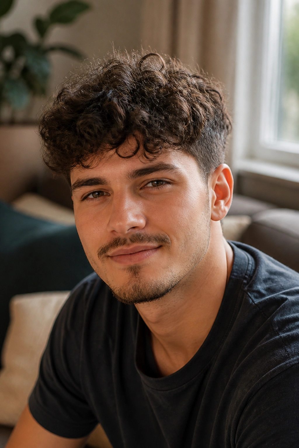 Man with messy curly crop in a cozy living room with natural daylight