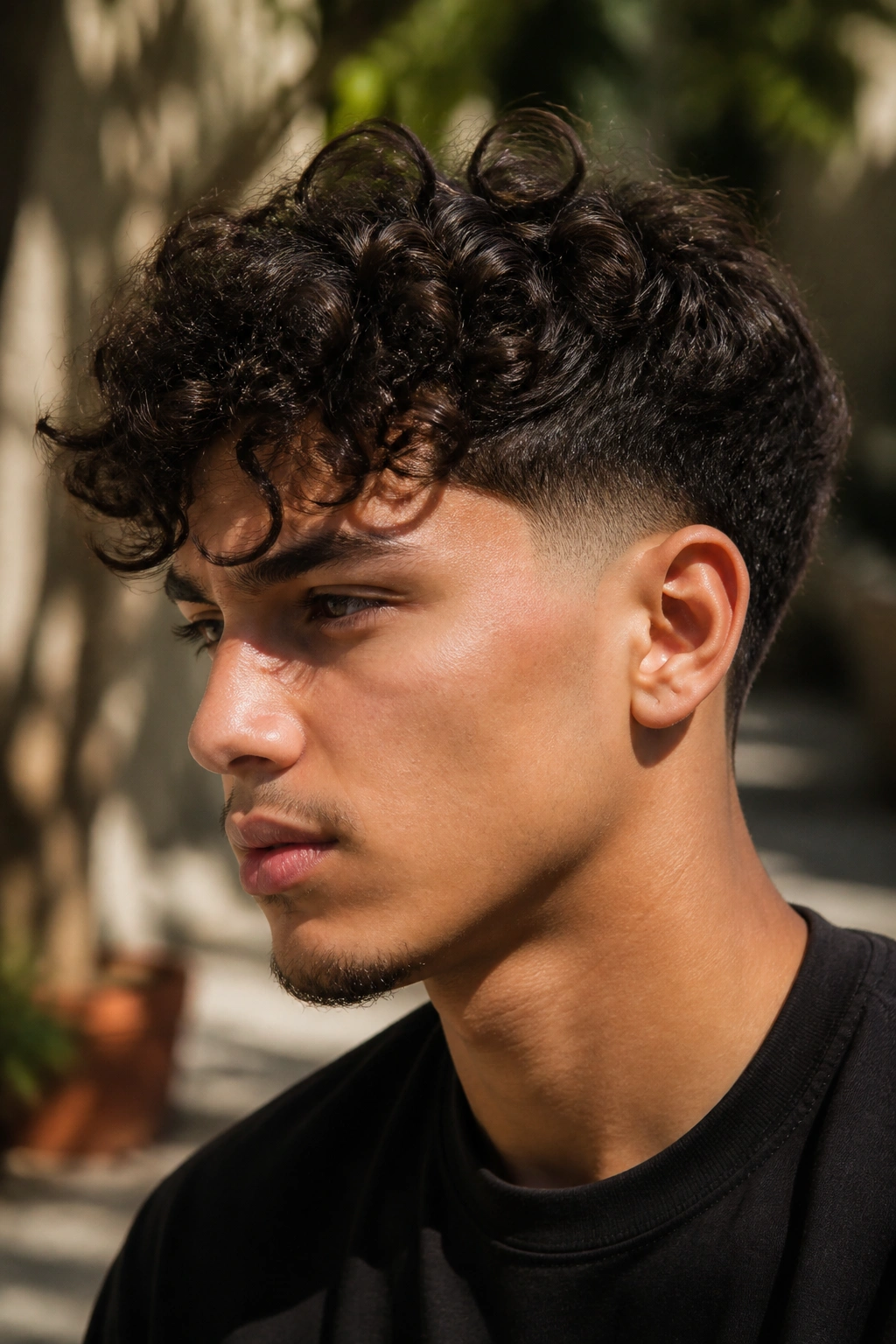 Close-up portrait of a man with messy curly taper fade hairstyle