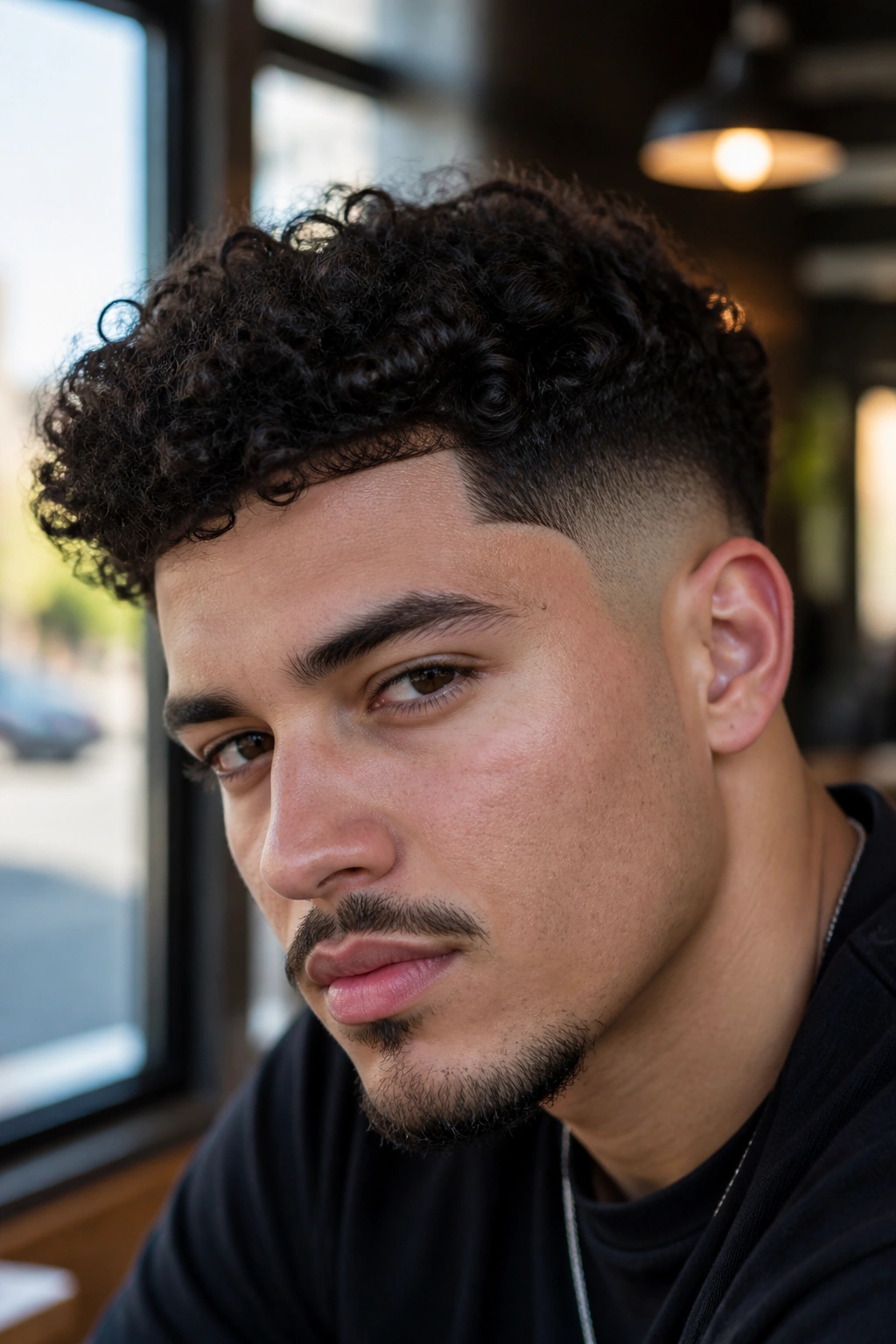 Close-up of a man with a messy curly top and line-up fade
