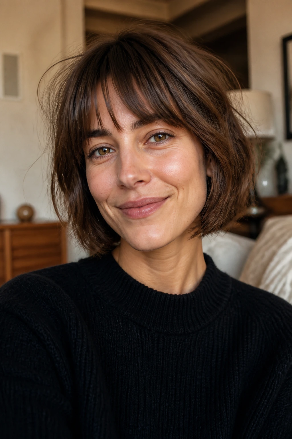 Close-up of woman with messy French bob and tucked ends in warm home lighting