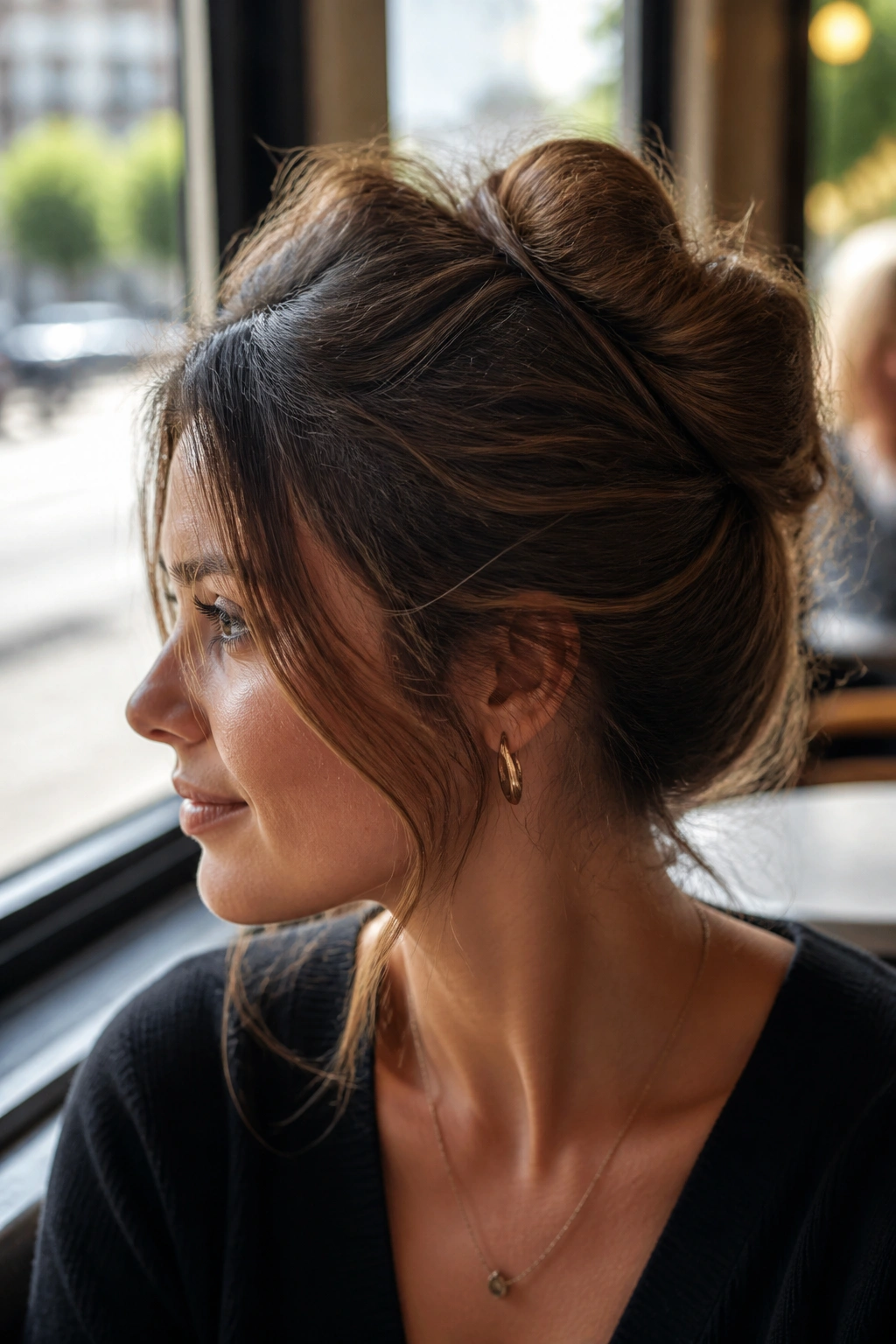 Close-up portrait of a real woman with a messy French twist in a sunlit cafe