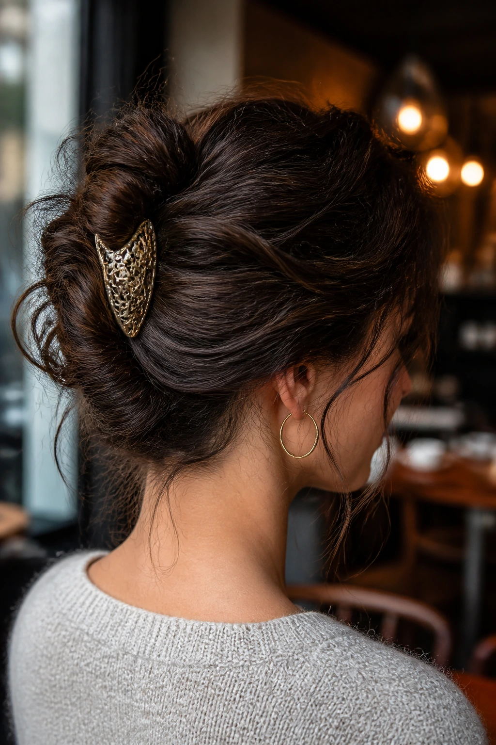Close-up of a real person with a messy French twist and decorative clip