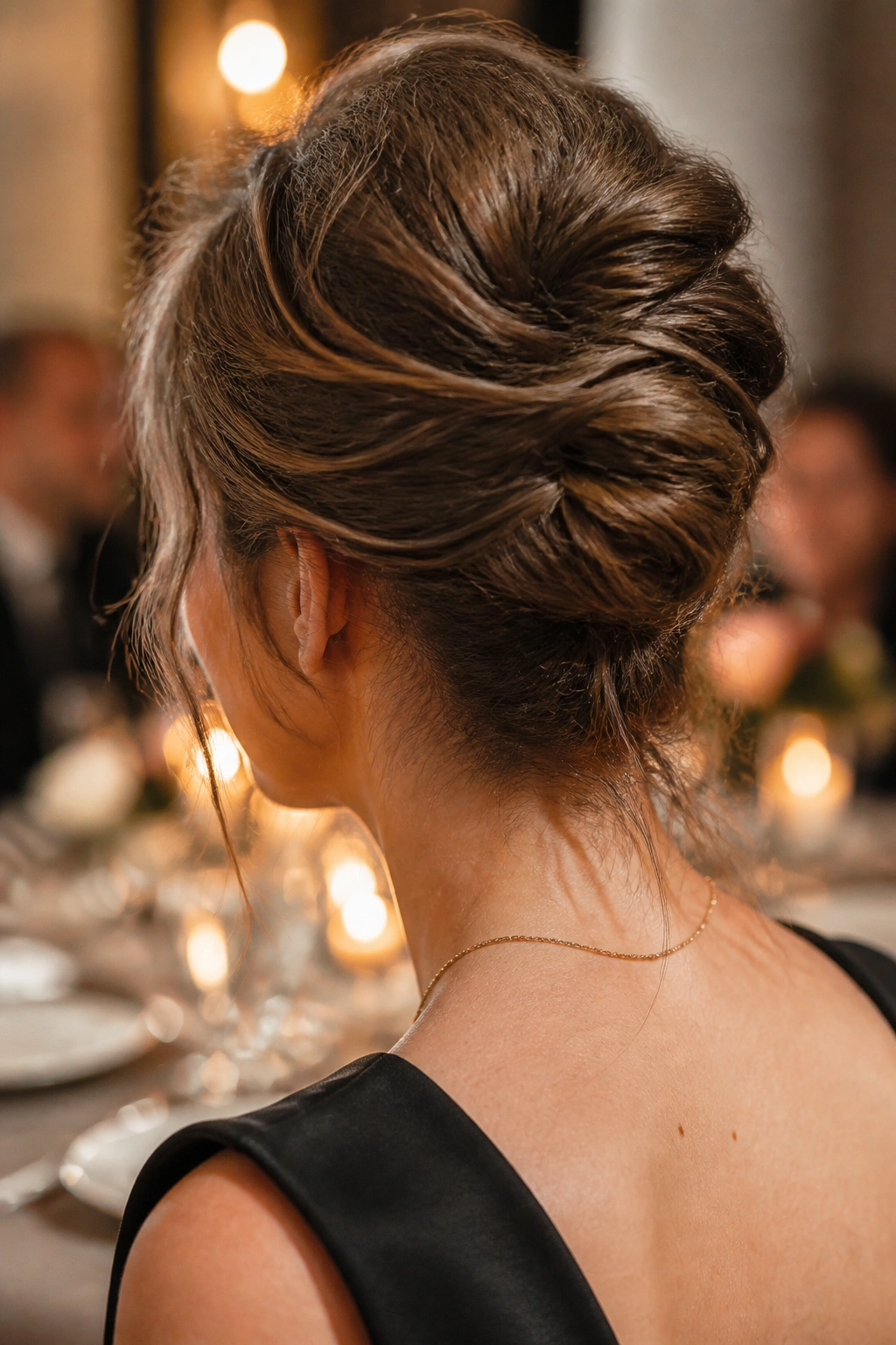 Close-up of a real woman with a messy French twist on mid-length hair