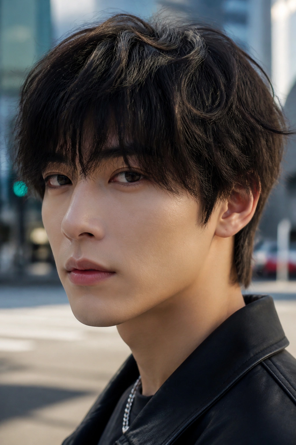 Close-up of a real Asian man with messy fringe and choppy ends