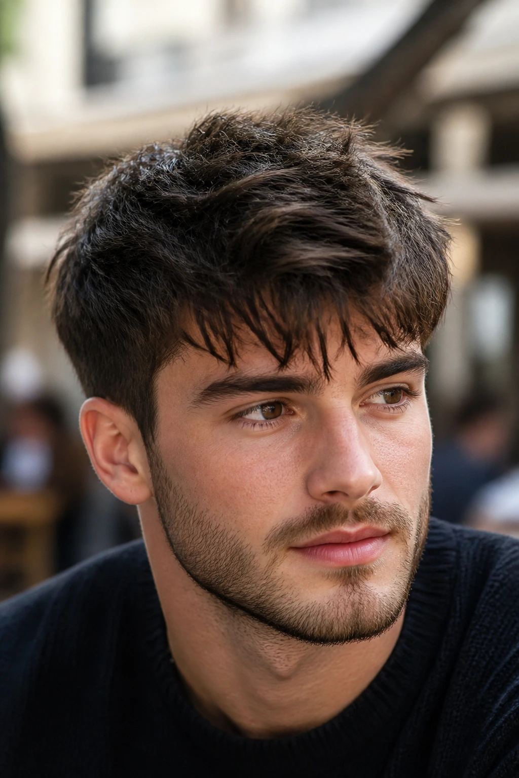 Man with thick hair and messy fringe in natural daylight